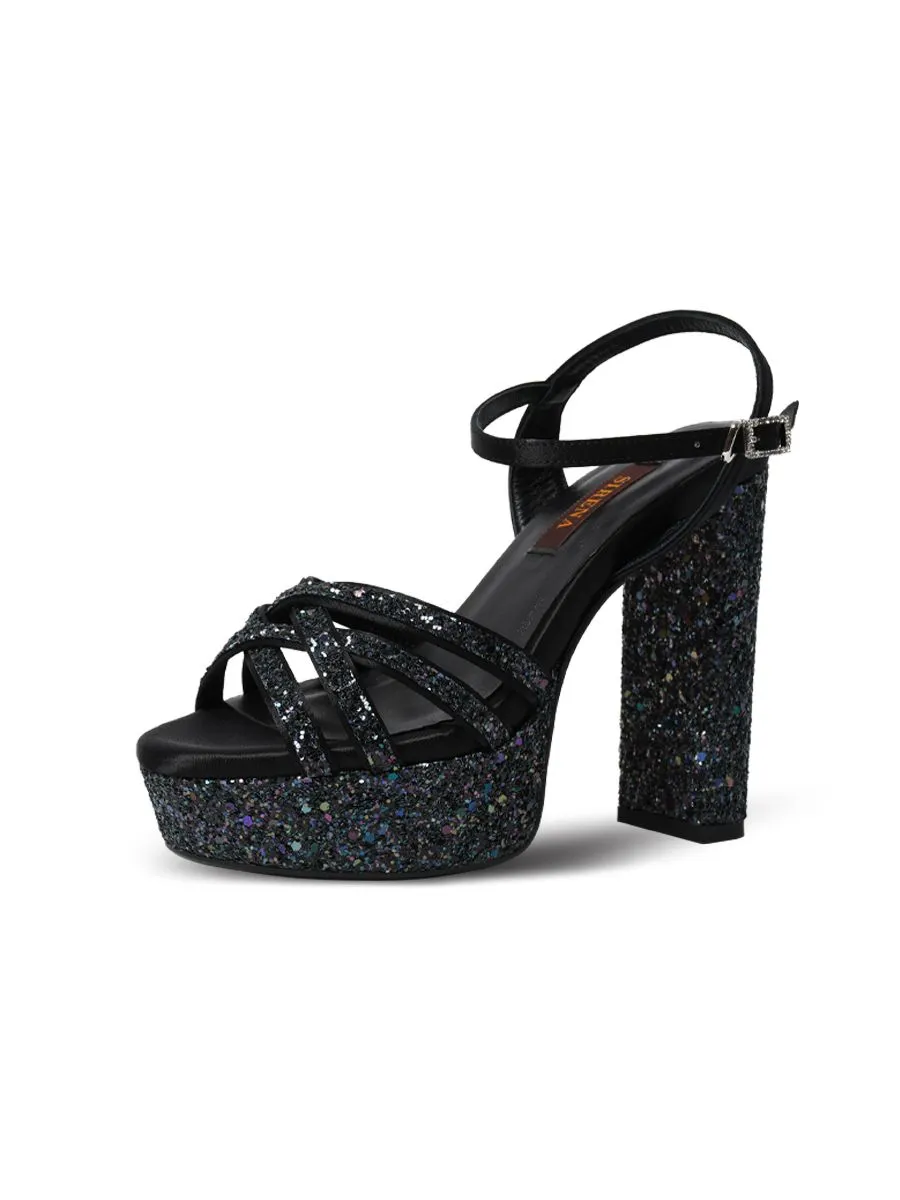 SIRENA Black Glitter Cloth Sandals Open Toe Blocked Heel 5 inch Aurora