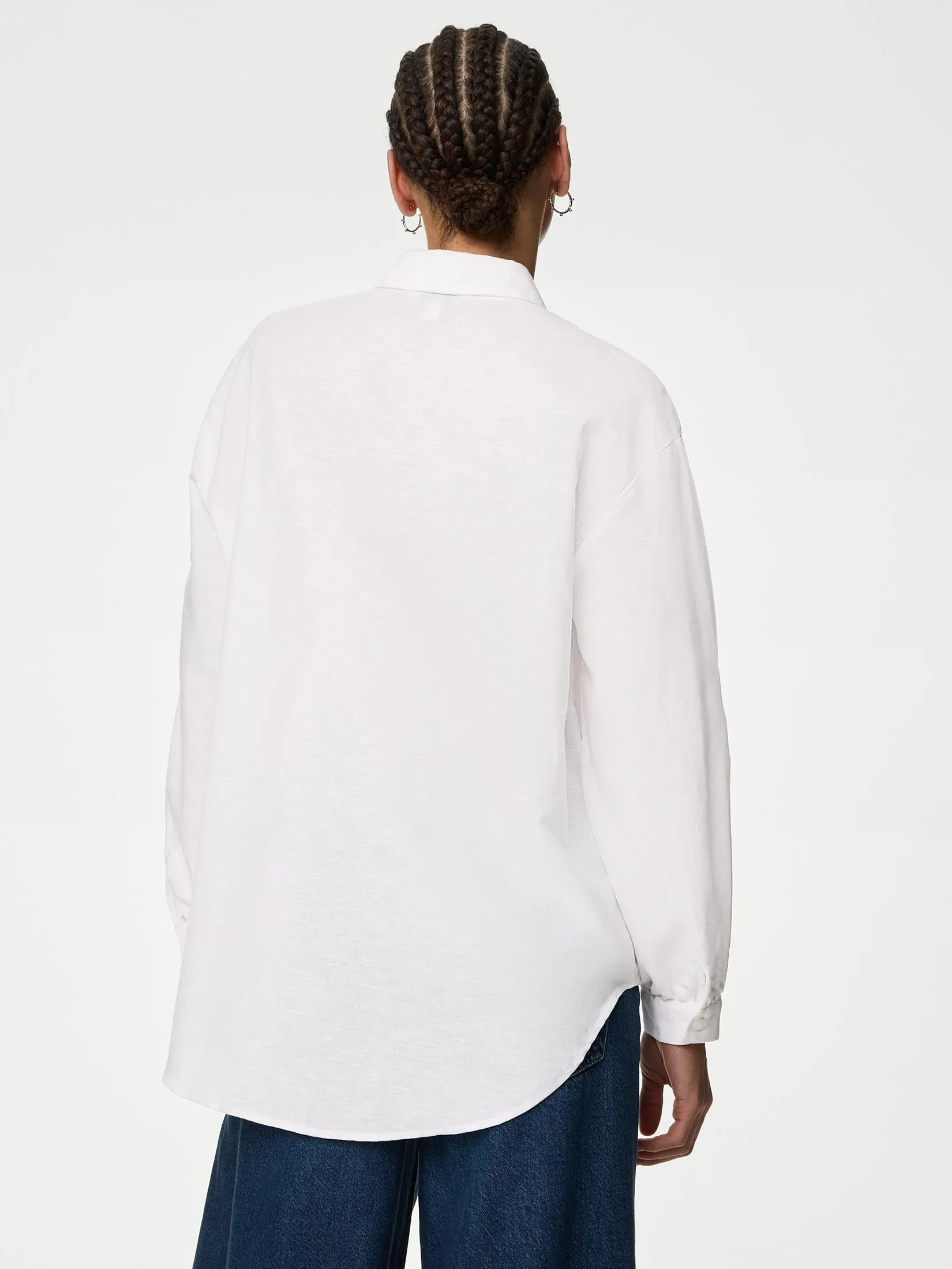 MARKS & SPENCER Women Shirt Linen Rich Collared Lace Insert Soft White