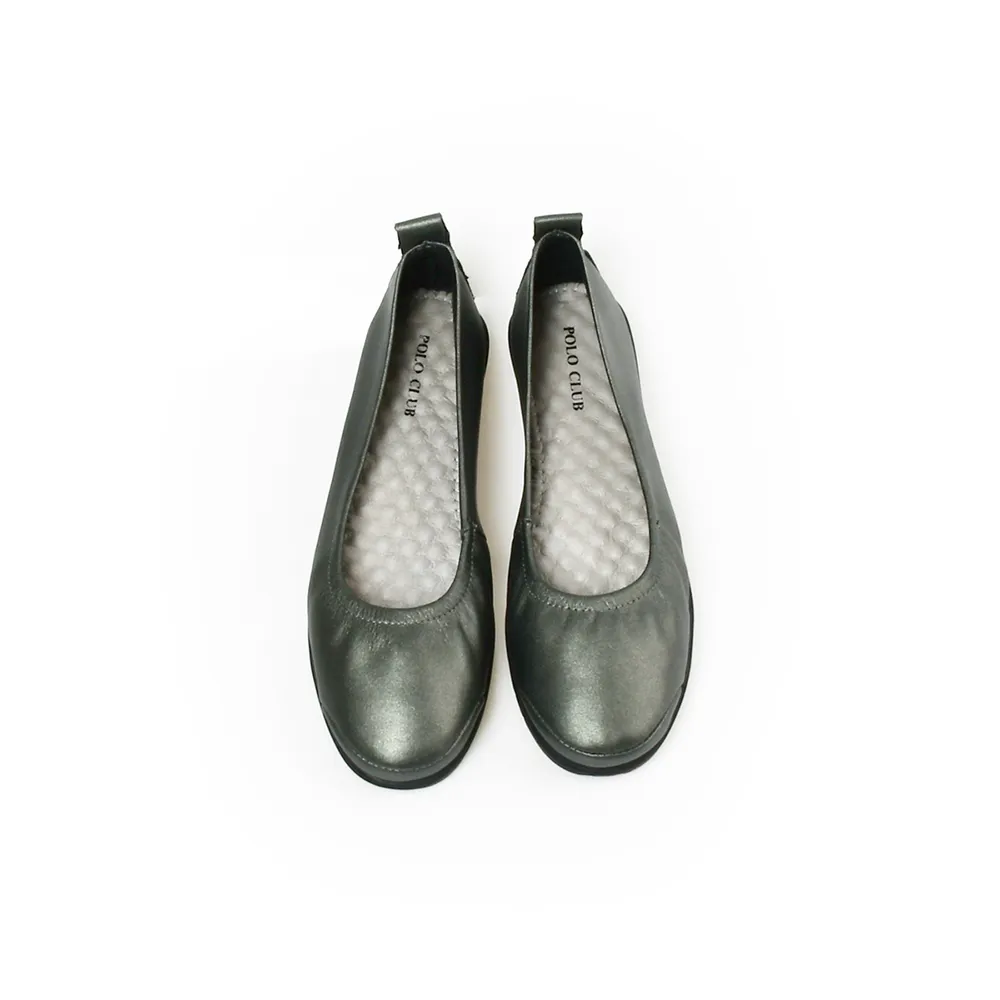 POLO CLUB Pewter Leather Court Shoes Rounded Toe Flats EX-1562