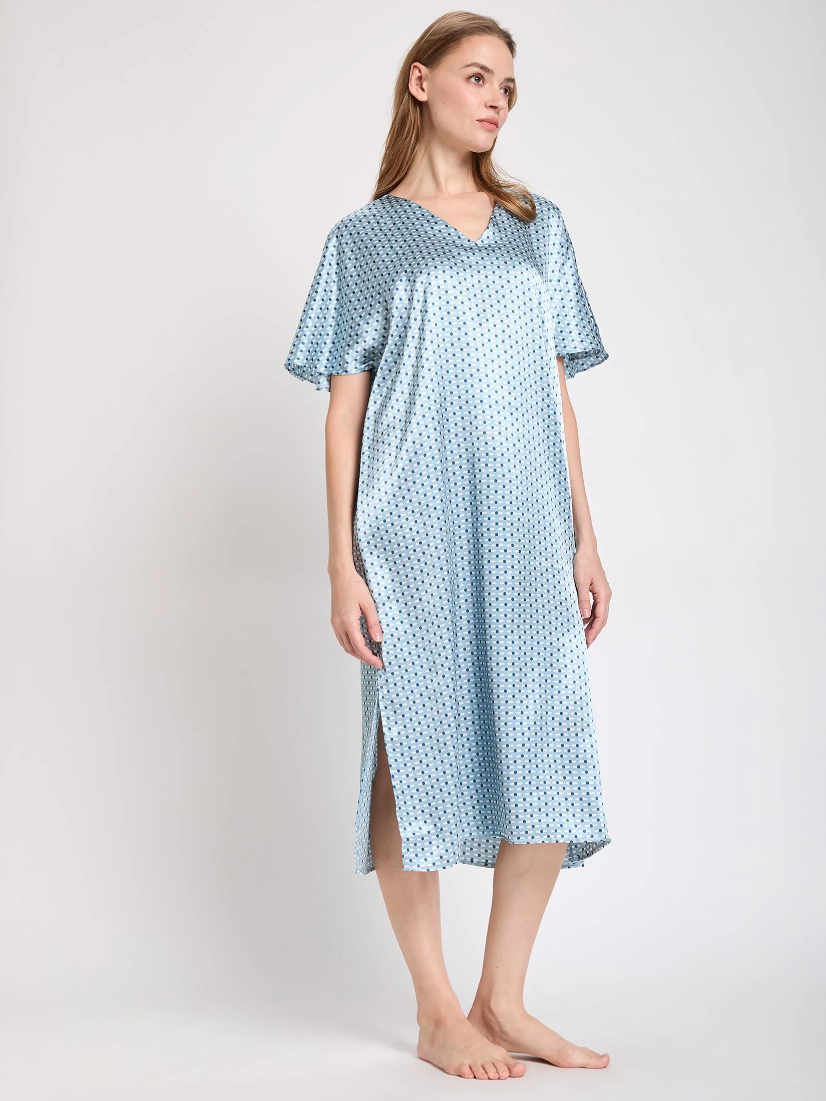 ELIZABETH Women Night Dress Short Sleeves Light Blue