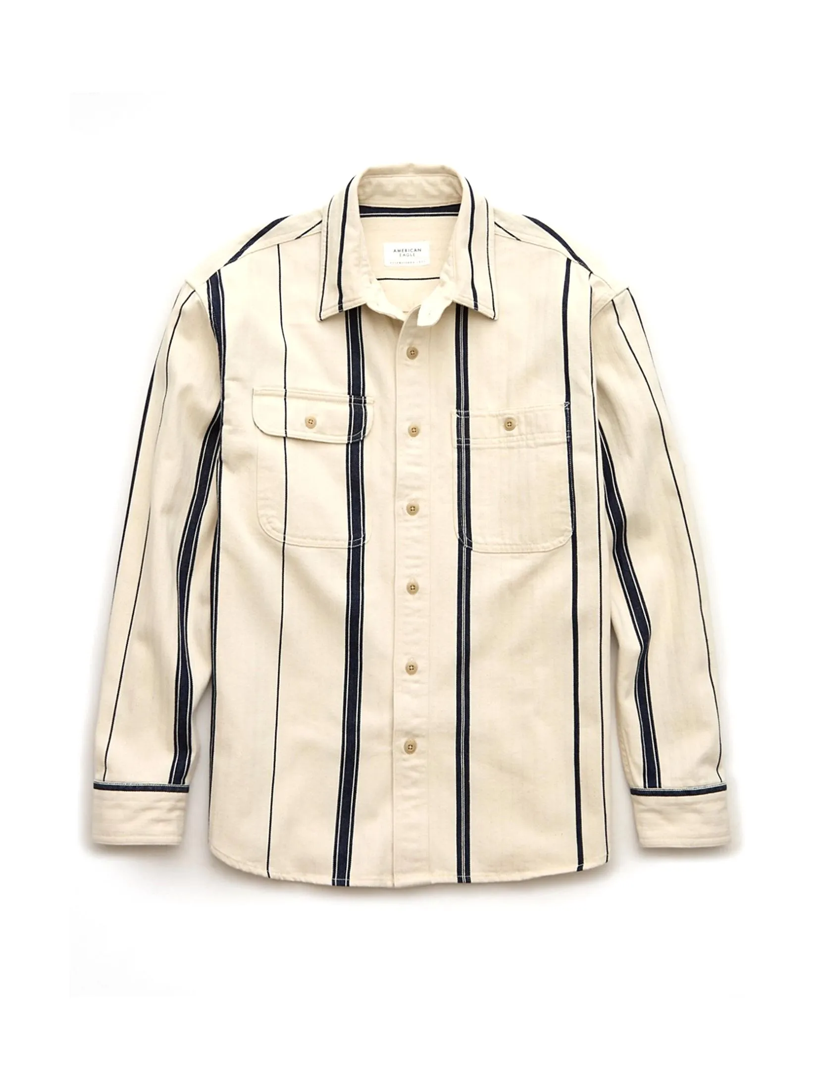 AMERICAN EAGLE MEN OVERSIZED CSC HOOVER HERRINGBONE STRIPE WORK SHIRT 102 FROSTY CREAM