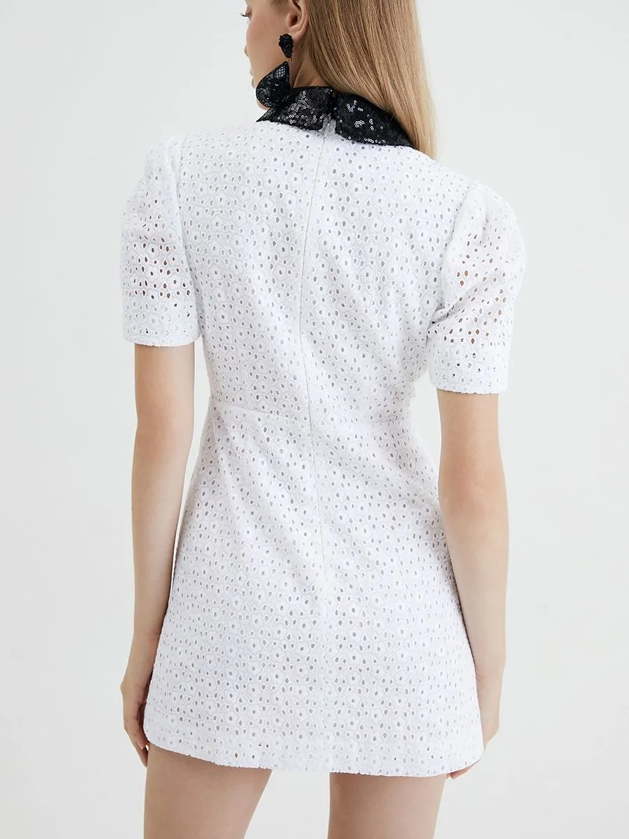 KLOSET (RS24)Ribbon Bow Openwork Dress White