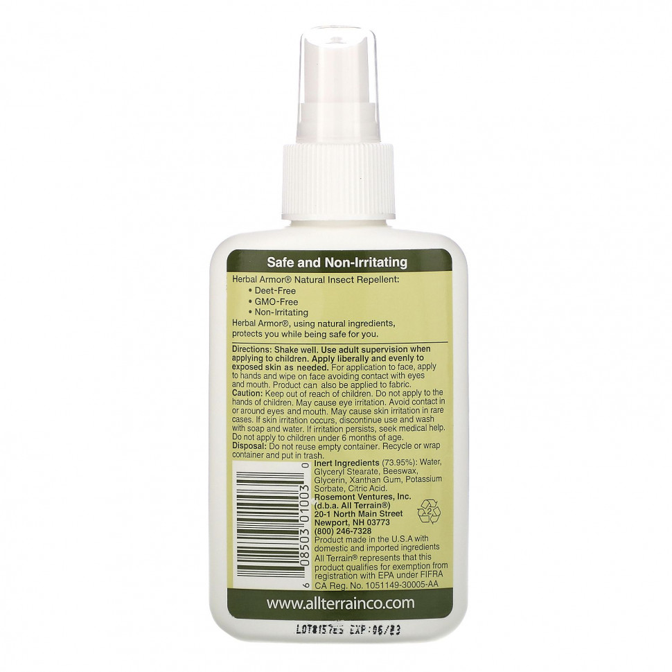 All Terrain, Herbal Armor, натуральный спрей от насекомых без ДЭТА, 120 мл (4 жидк. унции)