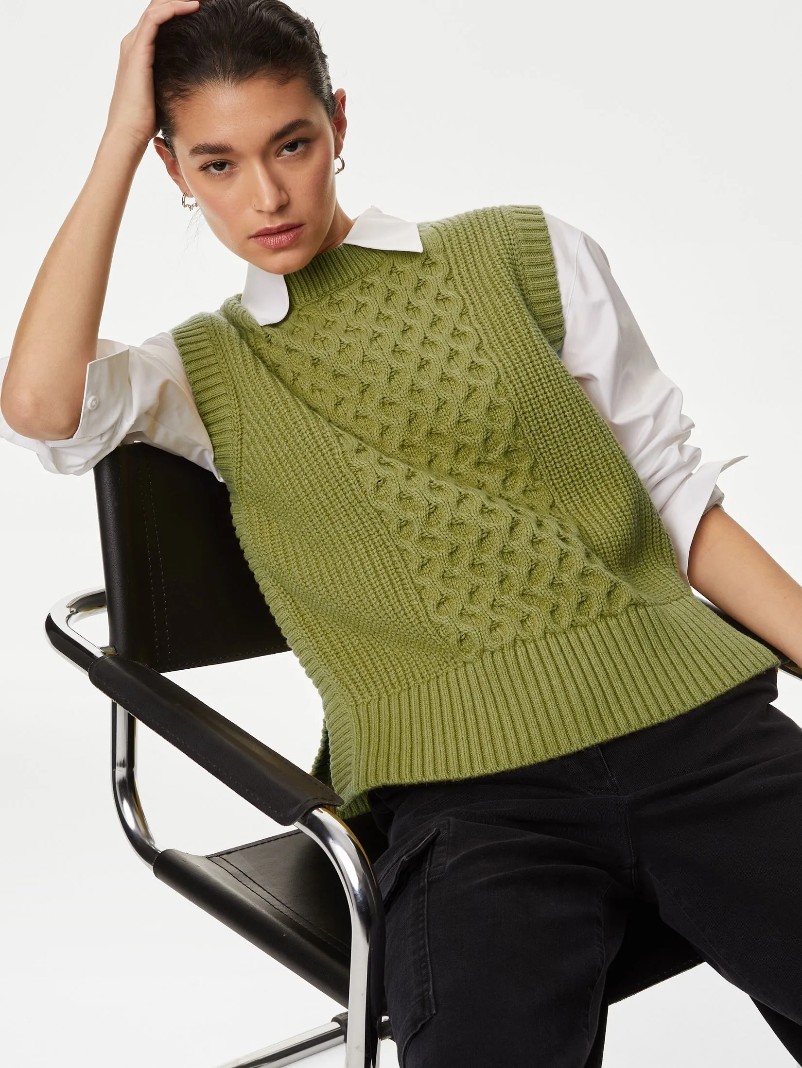 MARKS & SPENCER Women Vest Wool Rich Cable Knit Round Neck Knitted Willow