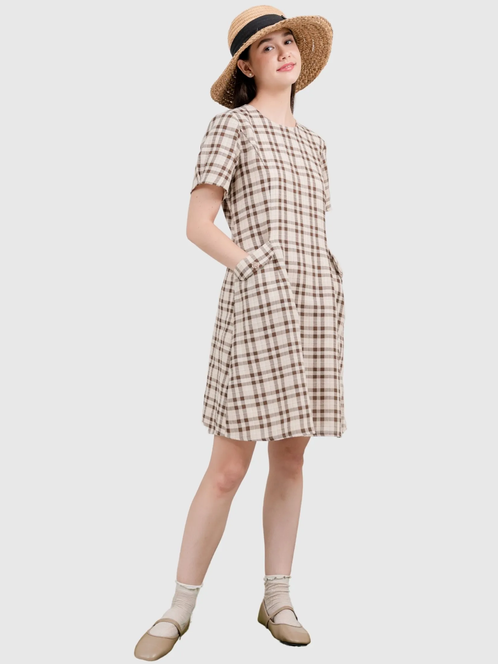 AMILA Women Dress Short Sleeves Linen Brown