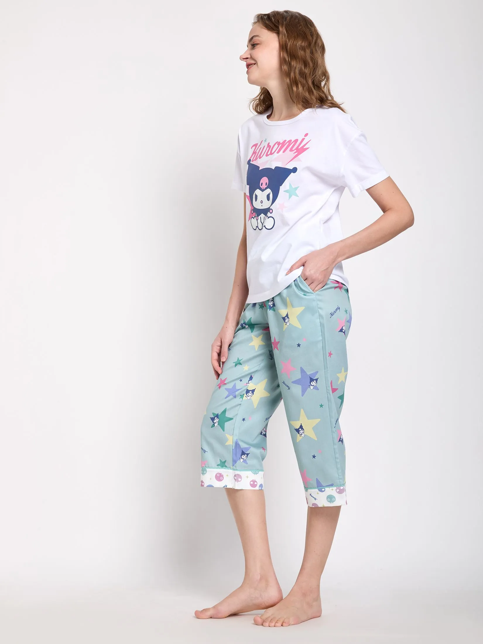SANRIO Women Sleepwear T-Shirt Short Sleeves + Cropped Pants Kuromi Star Light Blue