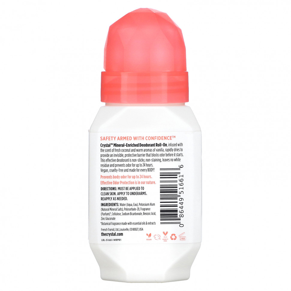 Crystal Body Deodorant, Шариковый дезодорант с минералами, с кокосом и ванилью, 66 мл (2,25 жидк. Унции)