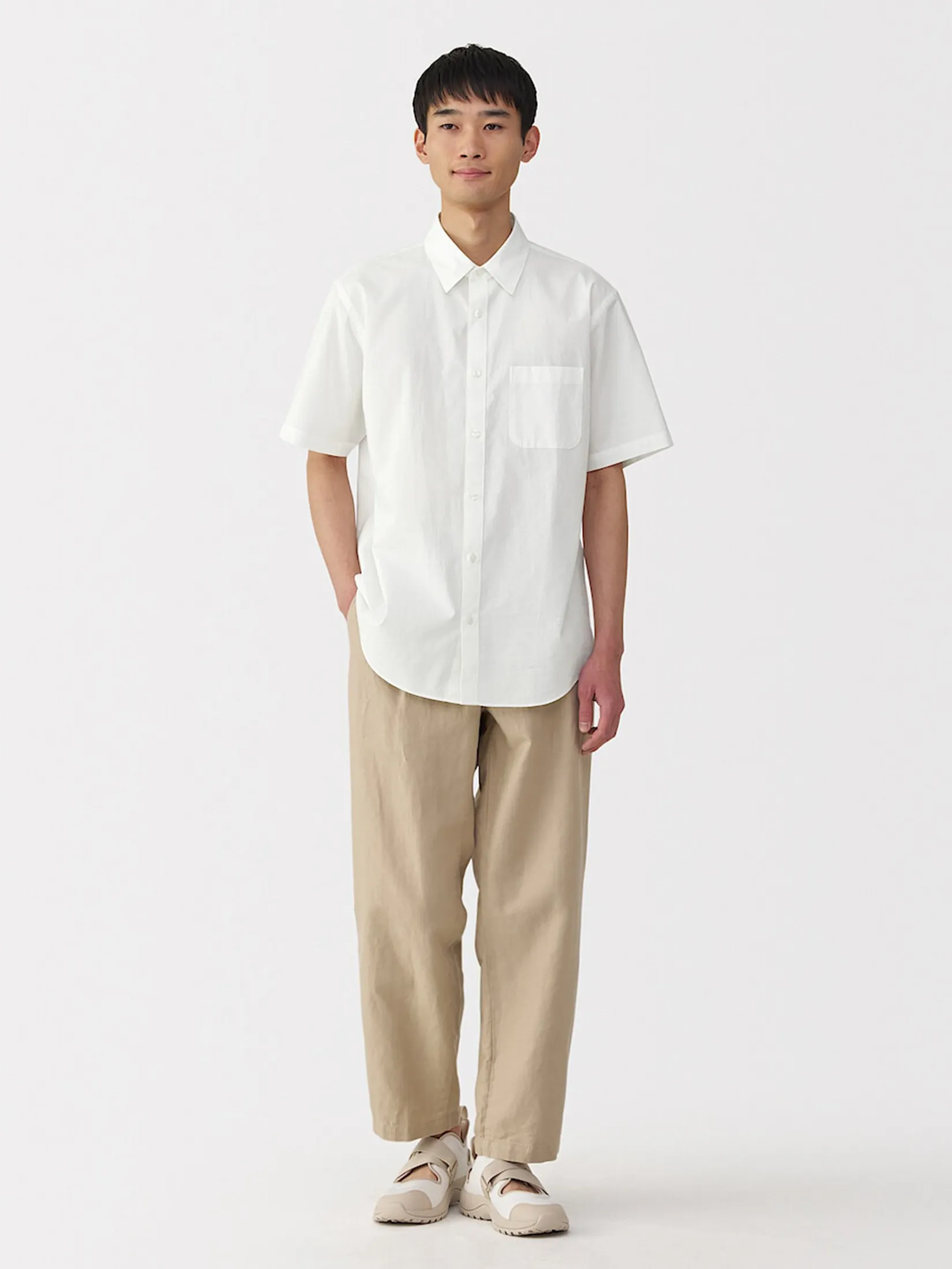 MUJI Men Shirt Short Sleeve Washed Broadcloth White