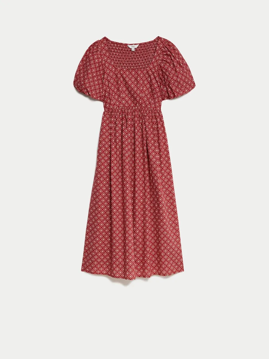MARKS & SPENCER Women Midi Dress Square Neck Pure Cotton Printed Red Mix