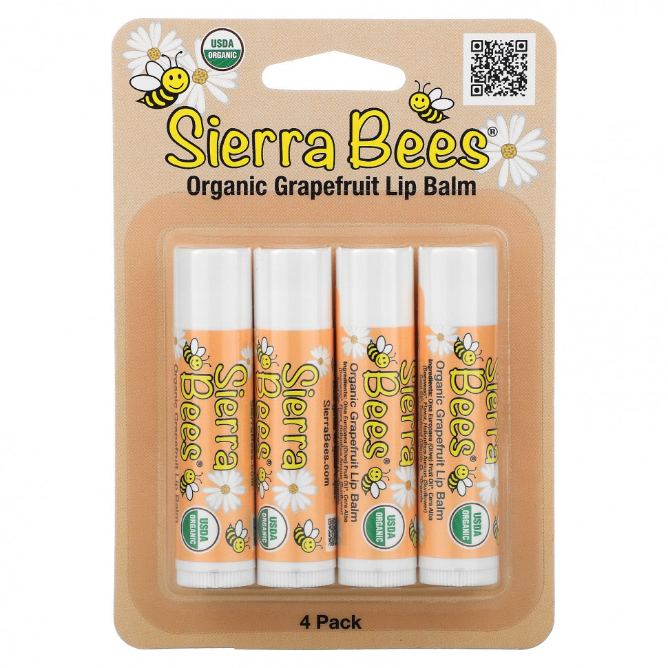 Sierra Bees, Органические бальзамы для губ, грейпфрут, 4 в упаковке, 4,25 г каждый
