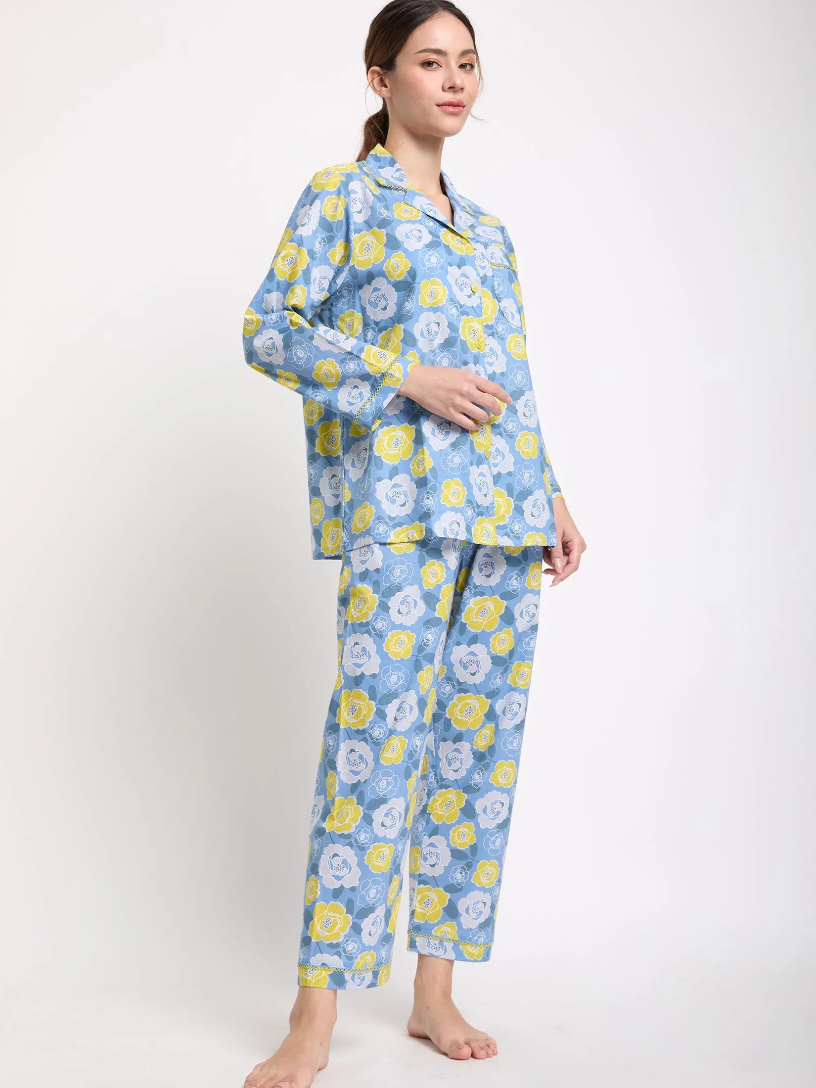 CLAUDIA'S ROMANCE Women Pyjamas Shirt Long Sleeves + Pants Floral Print Light Blue