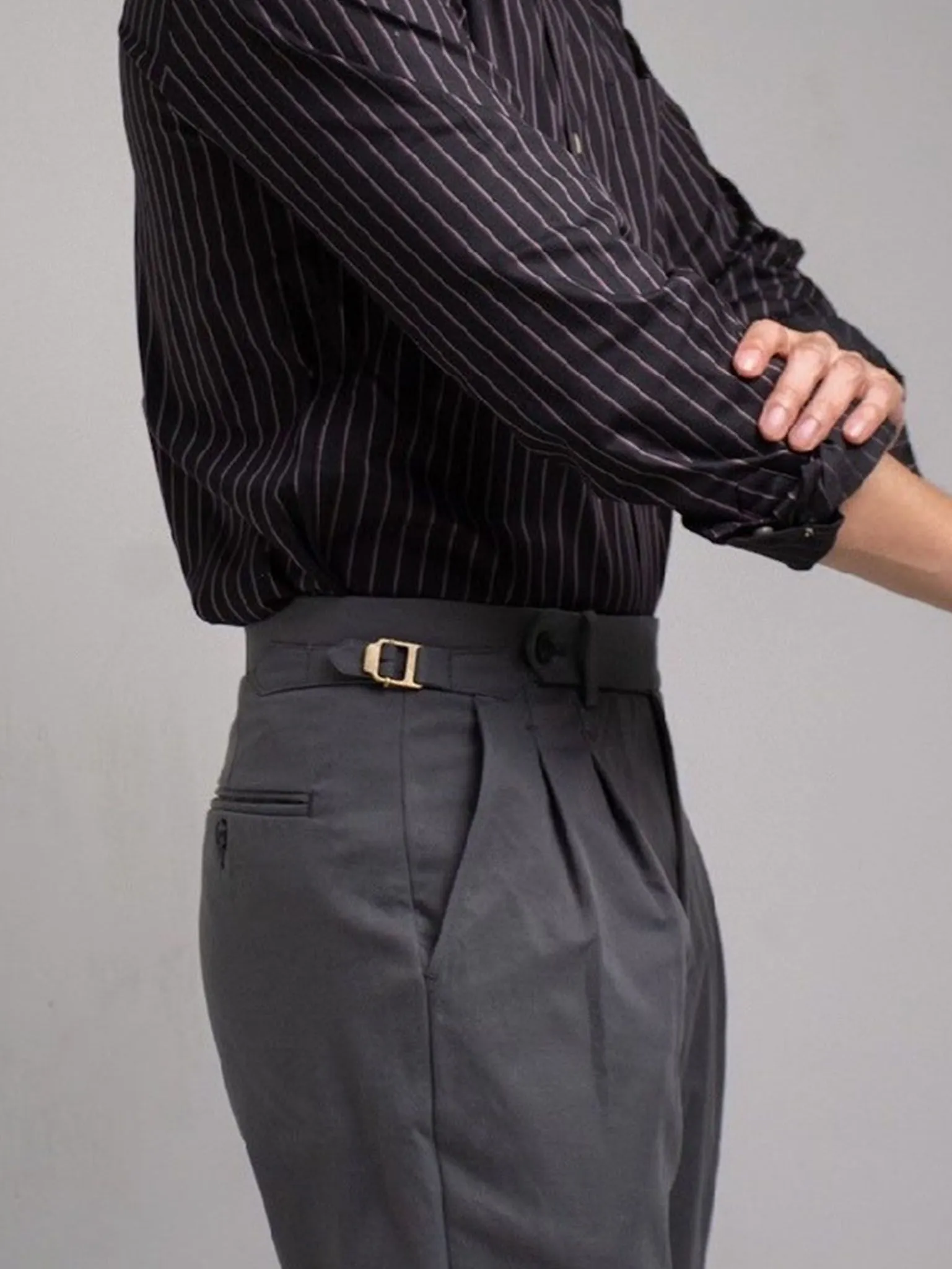 ERA-WON MEN'S PANTS DOUBLE BELTS TROUSERS GOLDEN HOOKS GREY