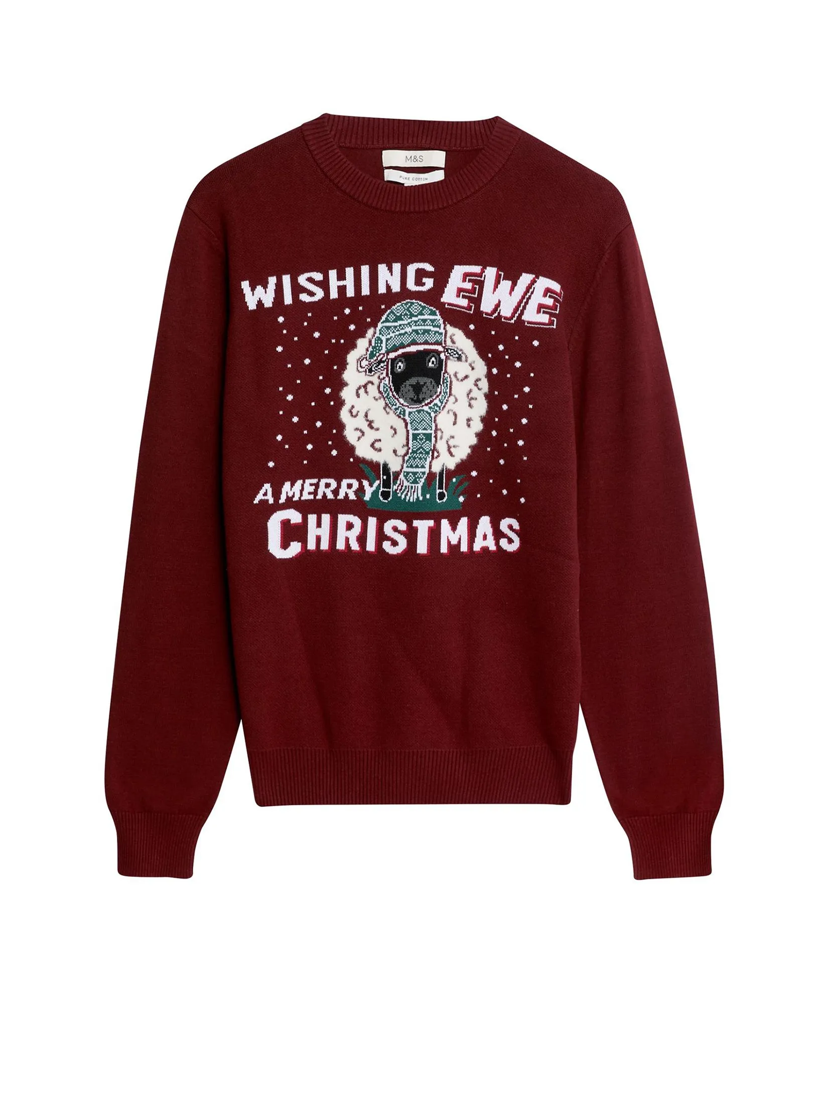 MARKS & SPENCER Men Jumper Pure Cotton Crew Neck Christmas Red Mix