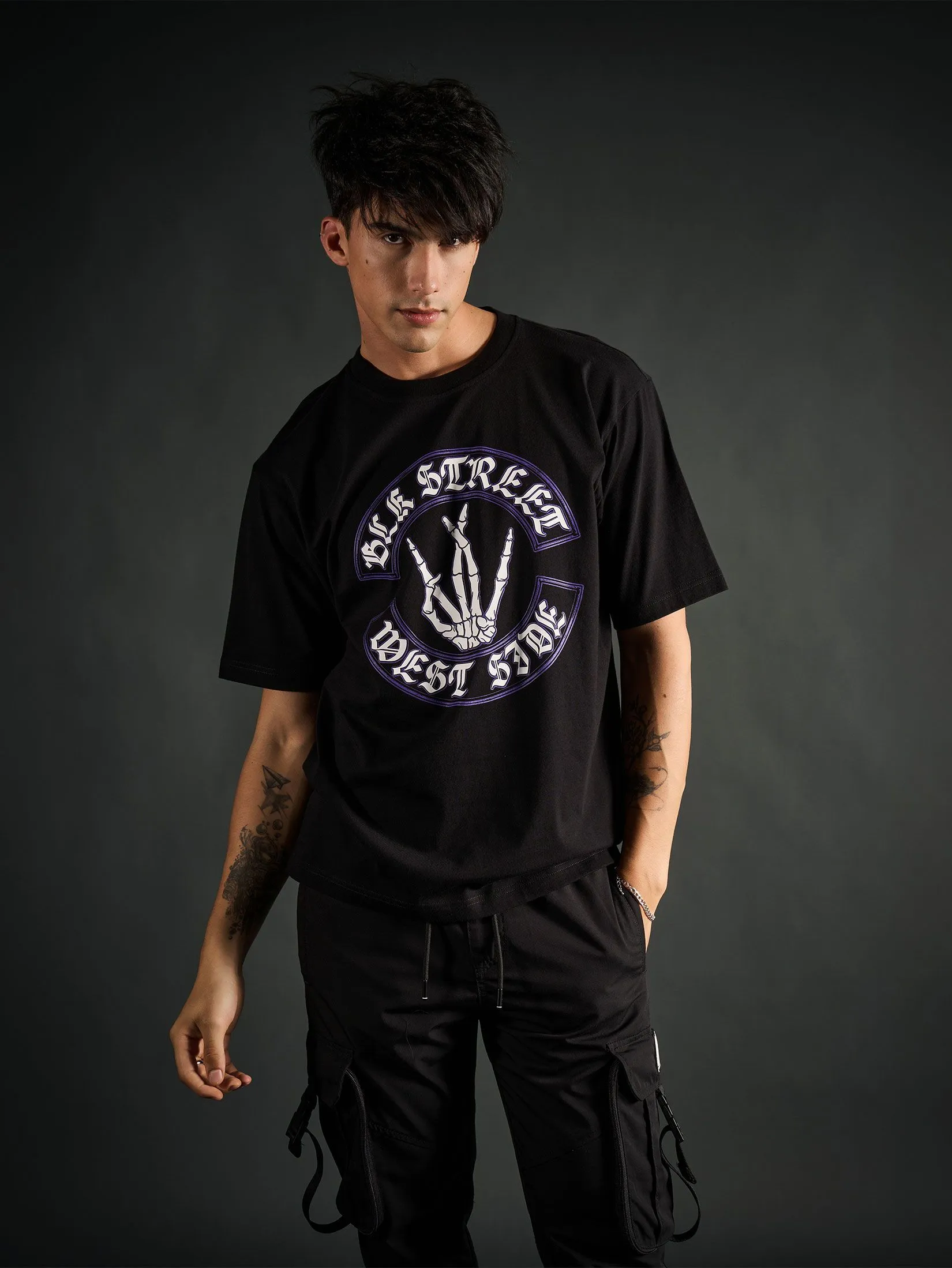 DAVIE JONES Men's T-Shirt Graphic Print Oversized Fit Black