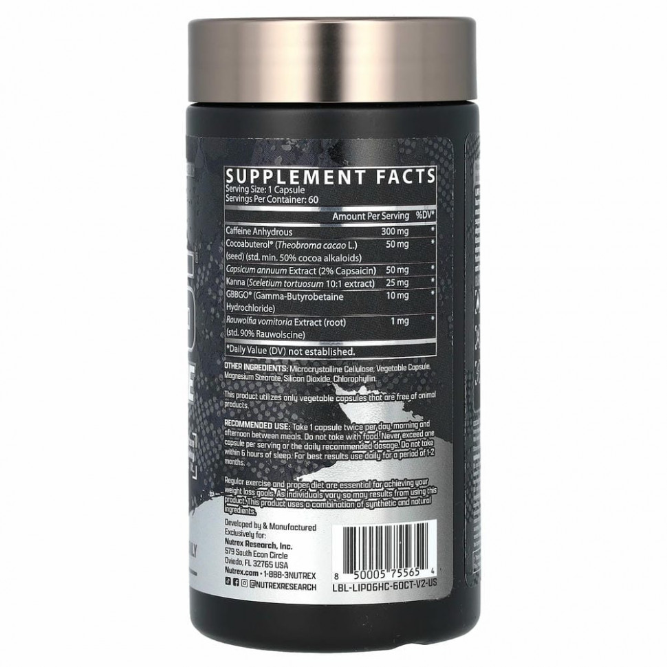 Nutrex Research, LIPO-6 Hardcore, добавка для сжигания жира, 60 капсул