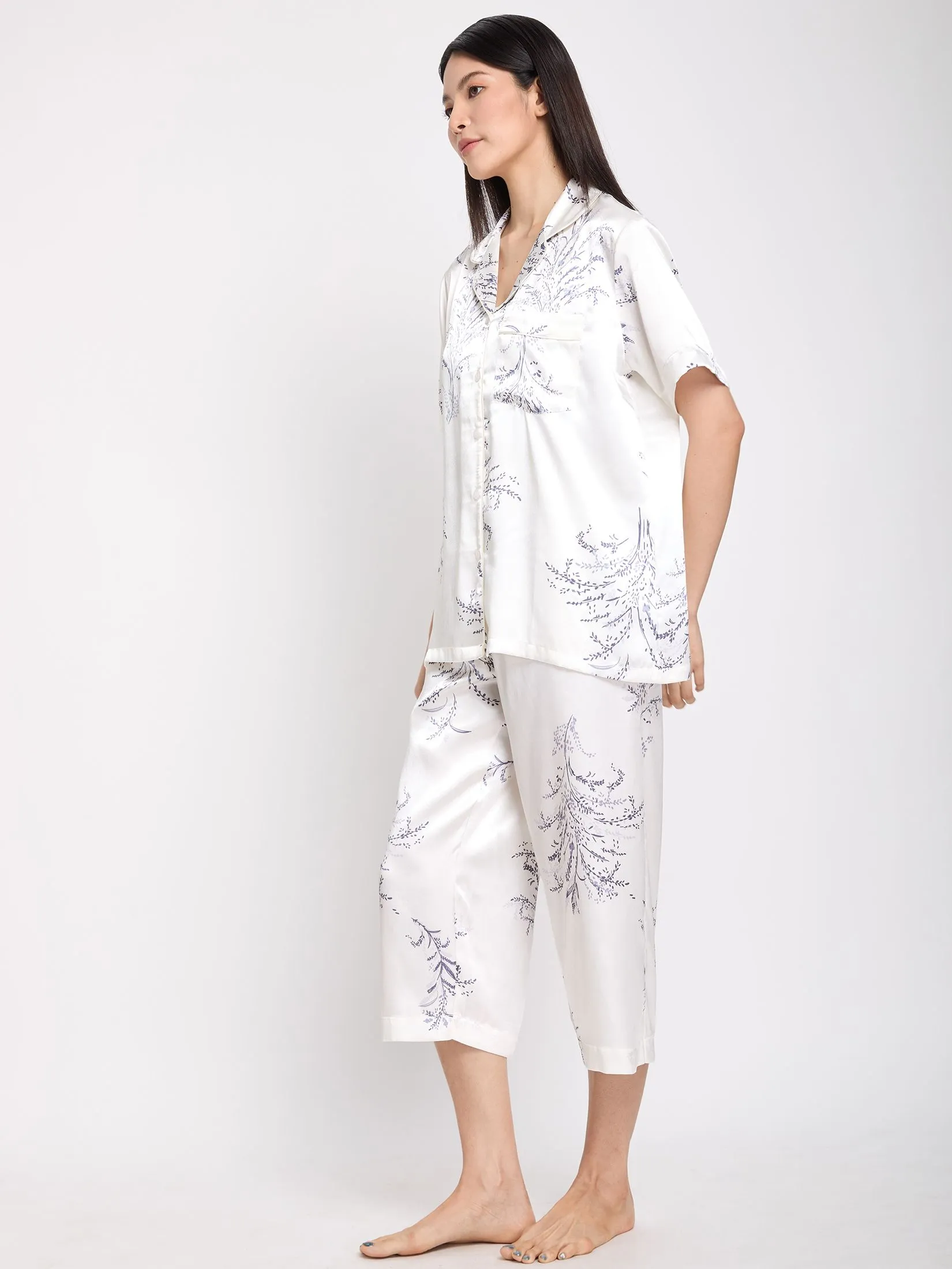 ELIZABETH Women Pyjamas Shirt Short Sleeves + Cropped Pants Print Off White