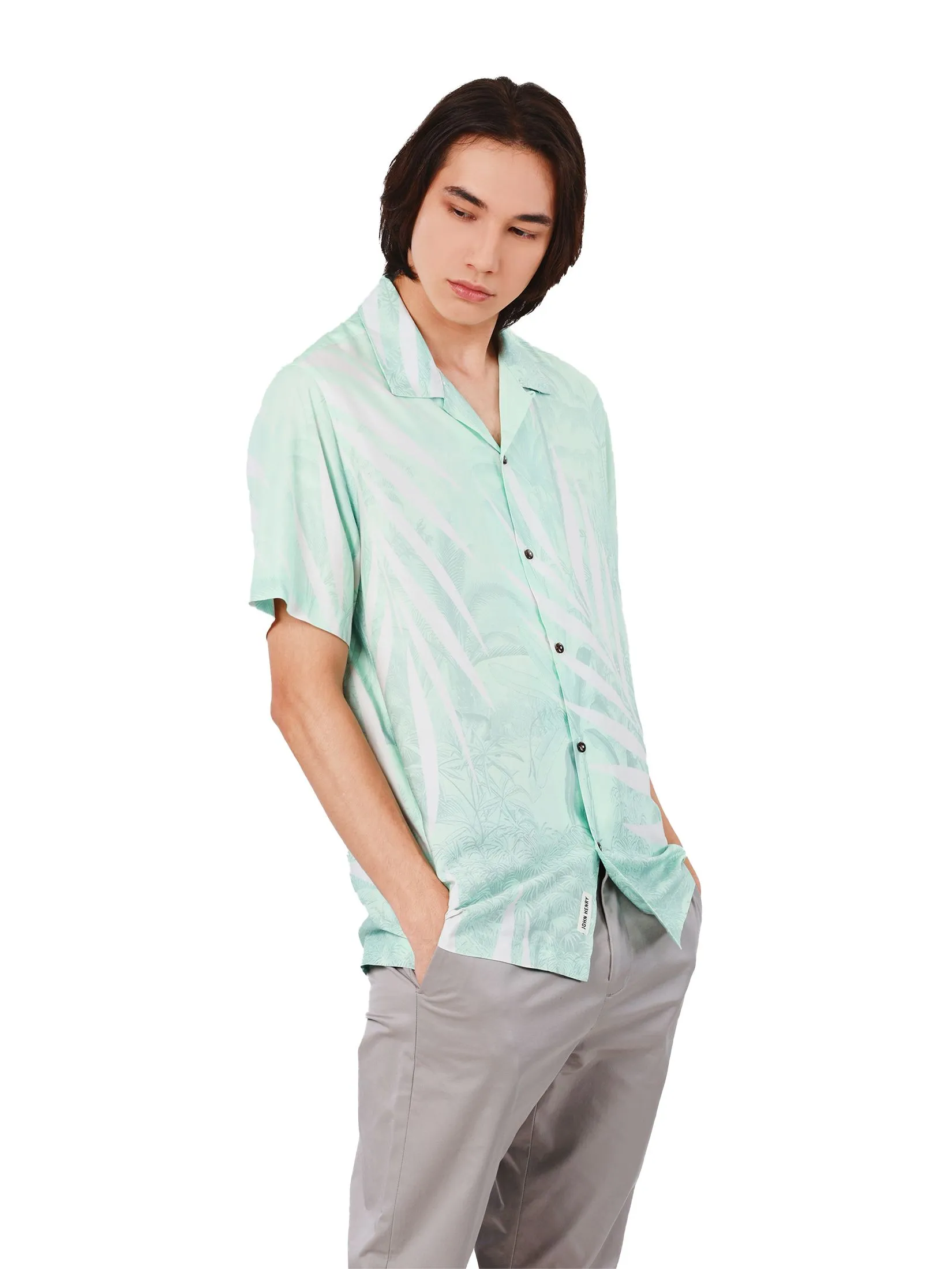 JOHN HENRY Men's Short Sleeves Hawaii Shirts (Relaxed Fit) DENIM Green