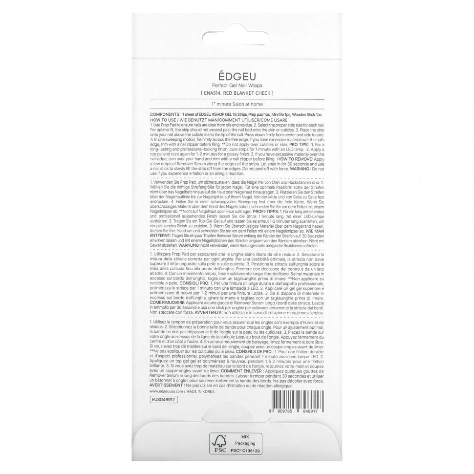 Edgeu, Гелевые обертывания для ногтей Perfect, ENA514, красное одеяло в клетку, набор из 16 полосок