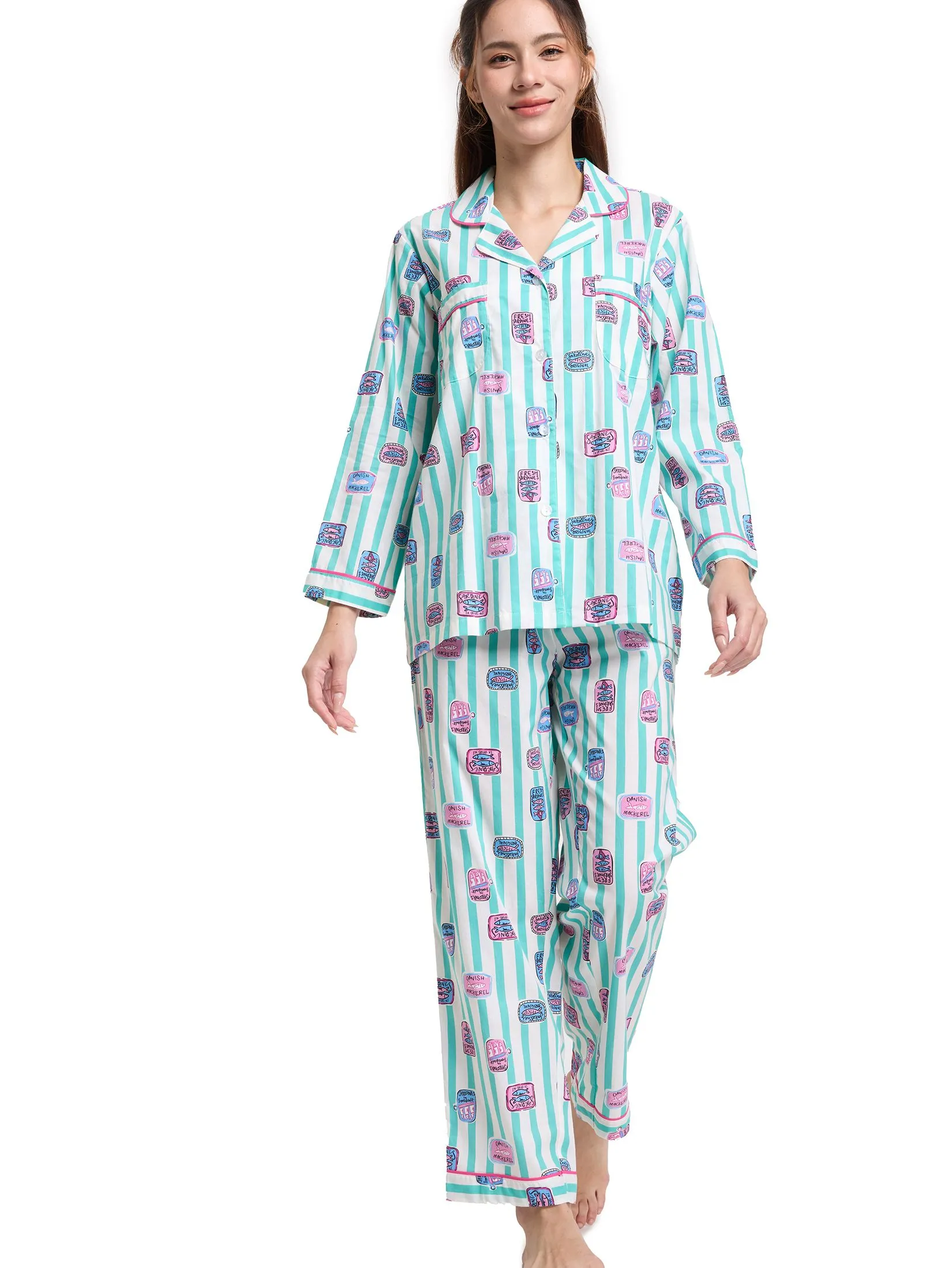 FOF Women Pyjamas Shirt Long Sleeves Collar Neck + Pants Print Green