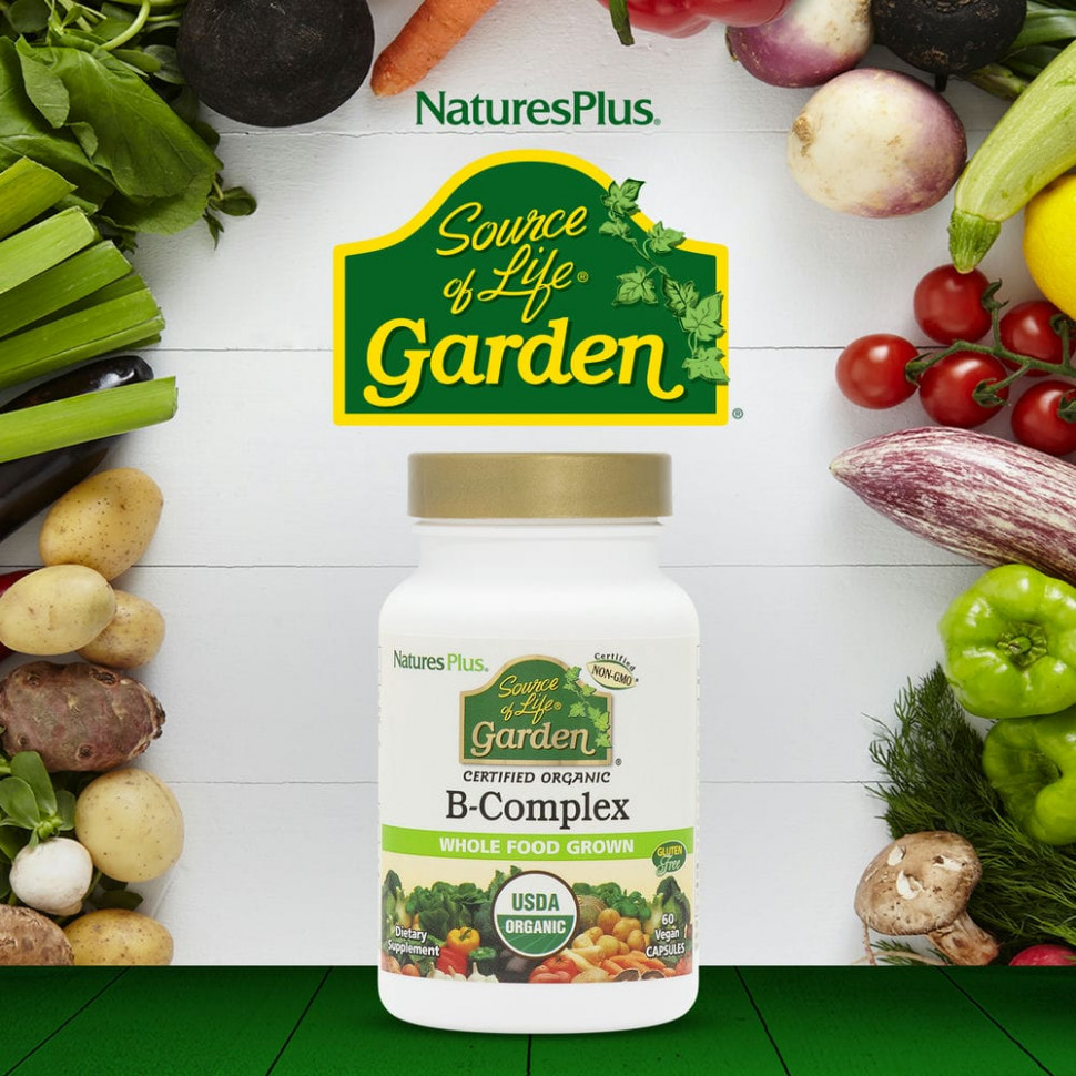 NaturesPlus, Source of Life Garden, сертифицированный органический комплекс витаминов группы B, 60 растительных капсул