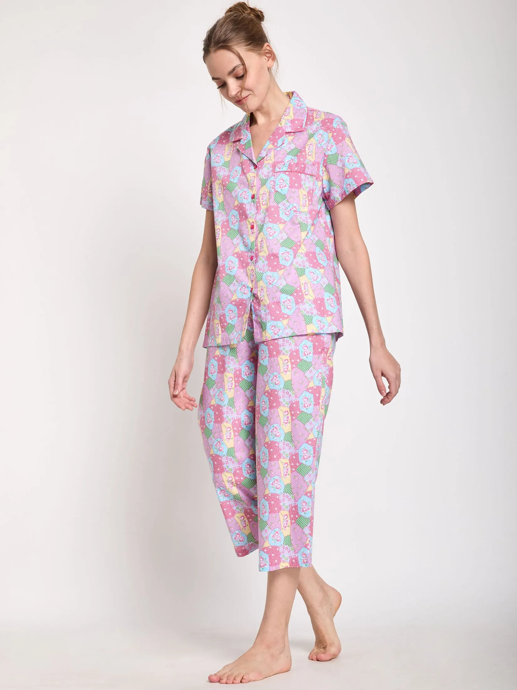 CLAUDIA'S ROMANCE Women Pyjamas Set Hawaiian Shirt Short Sleeves + Cropped Pants Pink