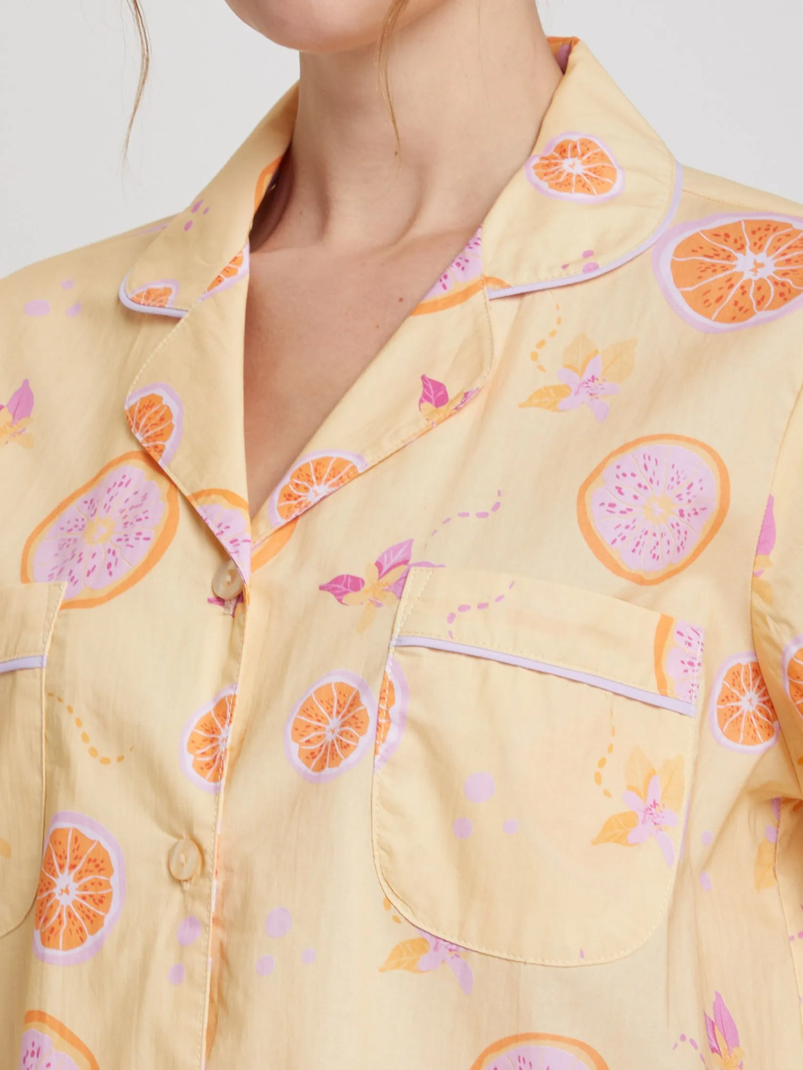 FOF Women Pyjamas Shirt Short Sleeves Collar Neck + Pants Lemon Print Yellow