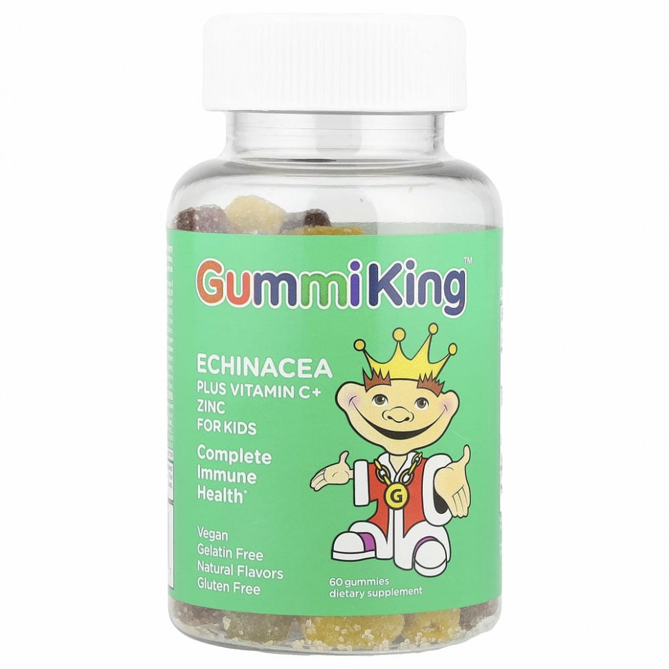 GummiKing, эхинацея, витамин C и цинк для детей, вкус клубники, апельсина, лимона, винограда, вишни и грейпфрута, 60 жевательных таблеток