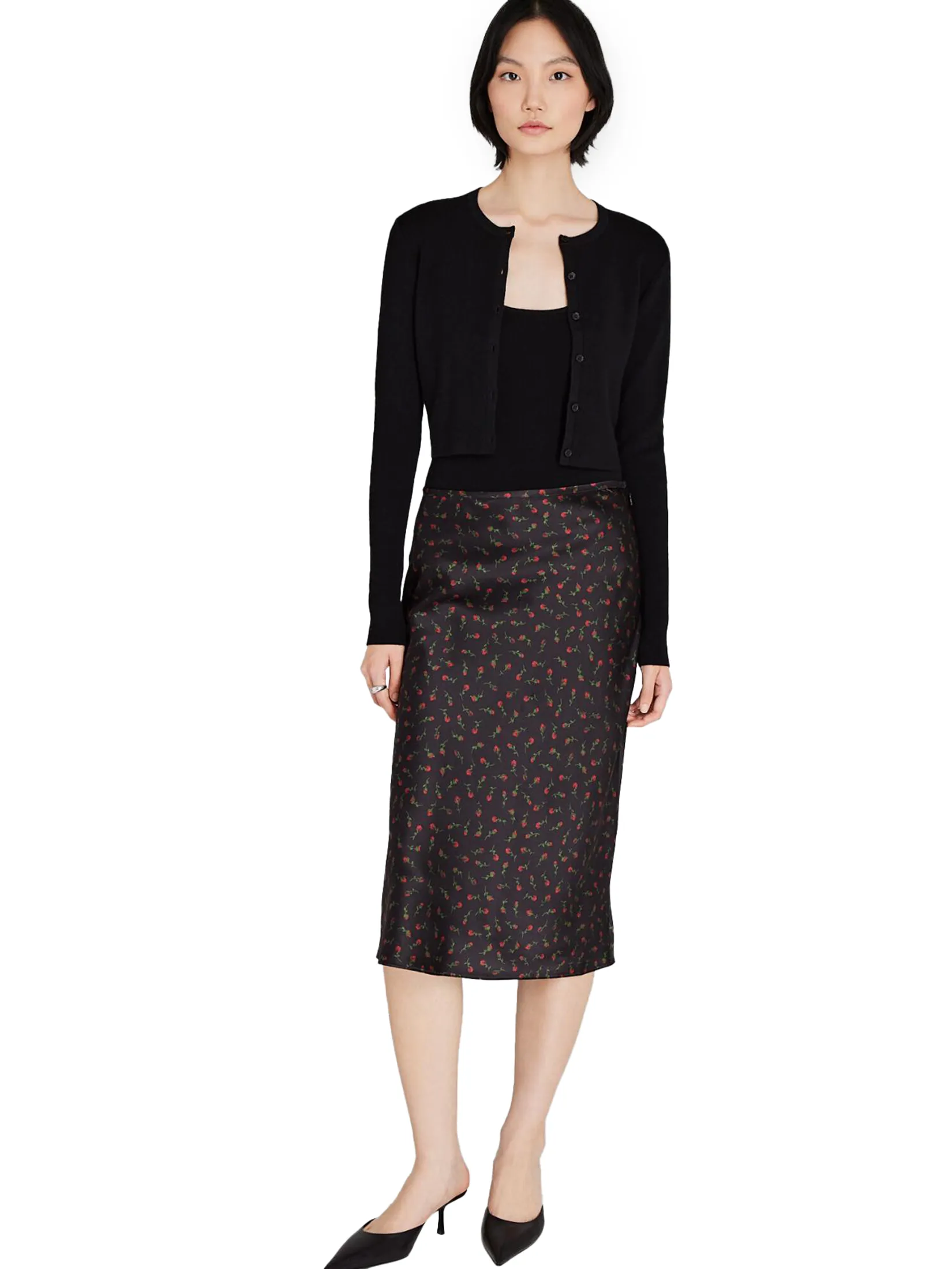 CLUB MONACO Women Skirt Midi Floral Print Silk Charmeuse Black Size - 0 US