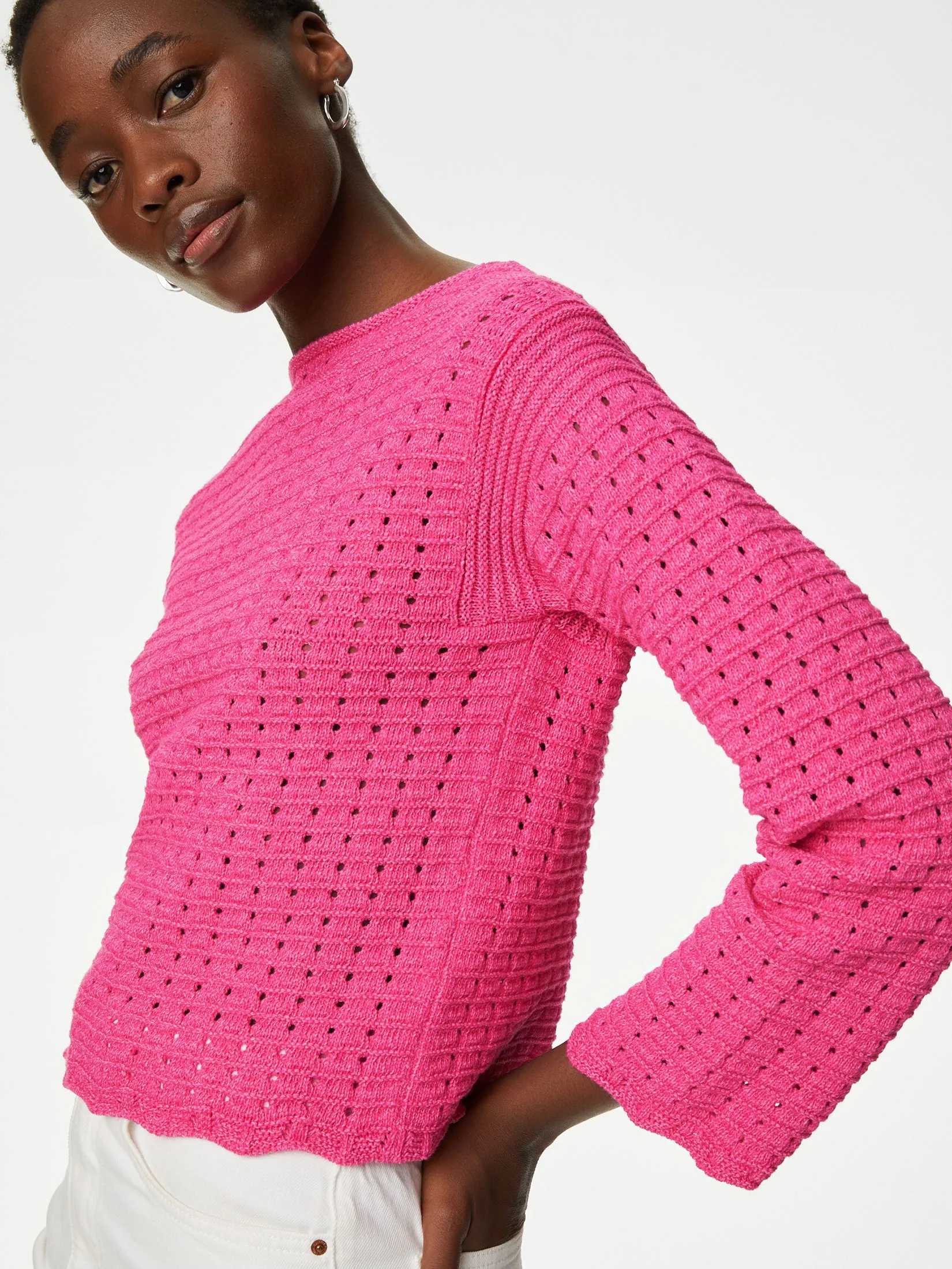 MARKS & SPENCER Women Sweater Cotton Rich Textured Crew Neck Jumper Bright Rose