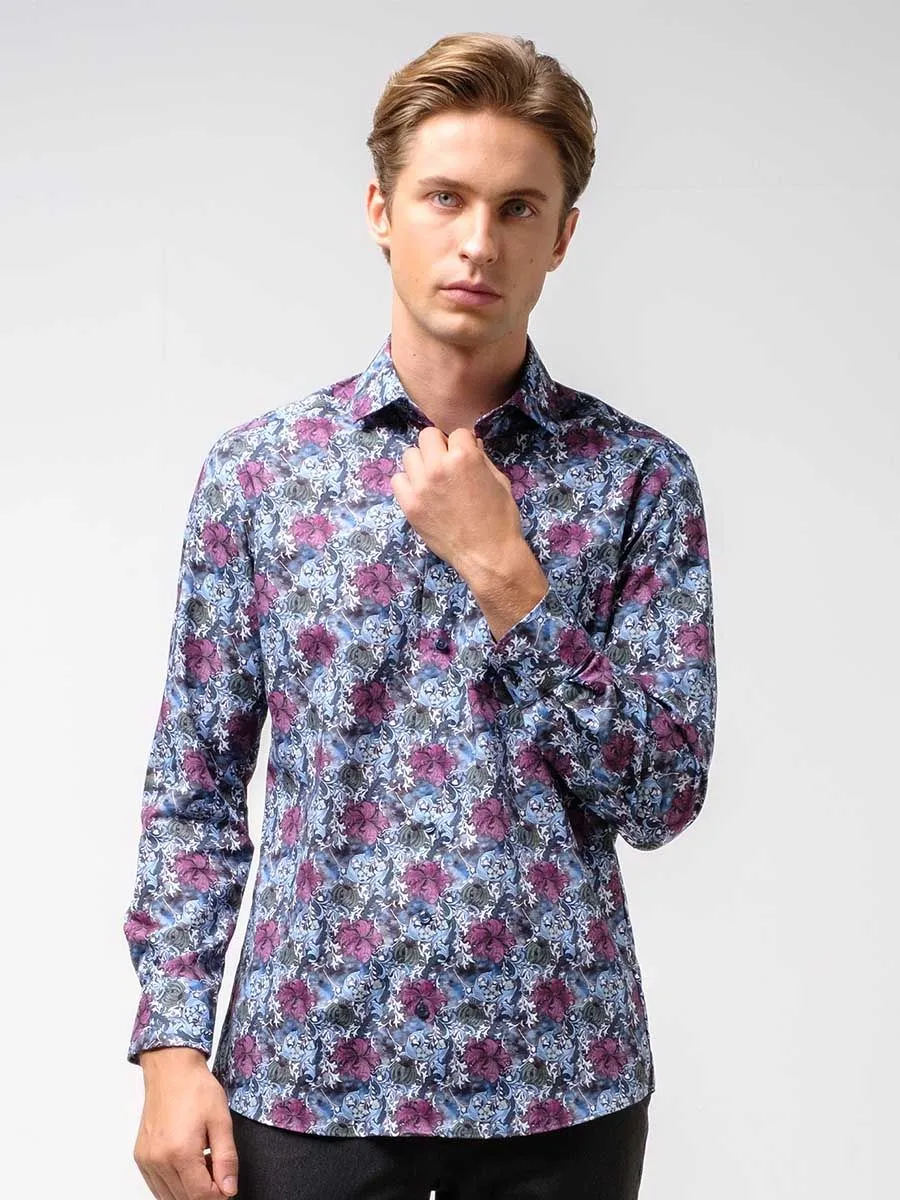 OLYMP MEN SHIRT LONG SLEEVES MODERN FIT GRAPHIC PRINT BLUE EASY IRON