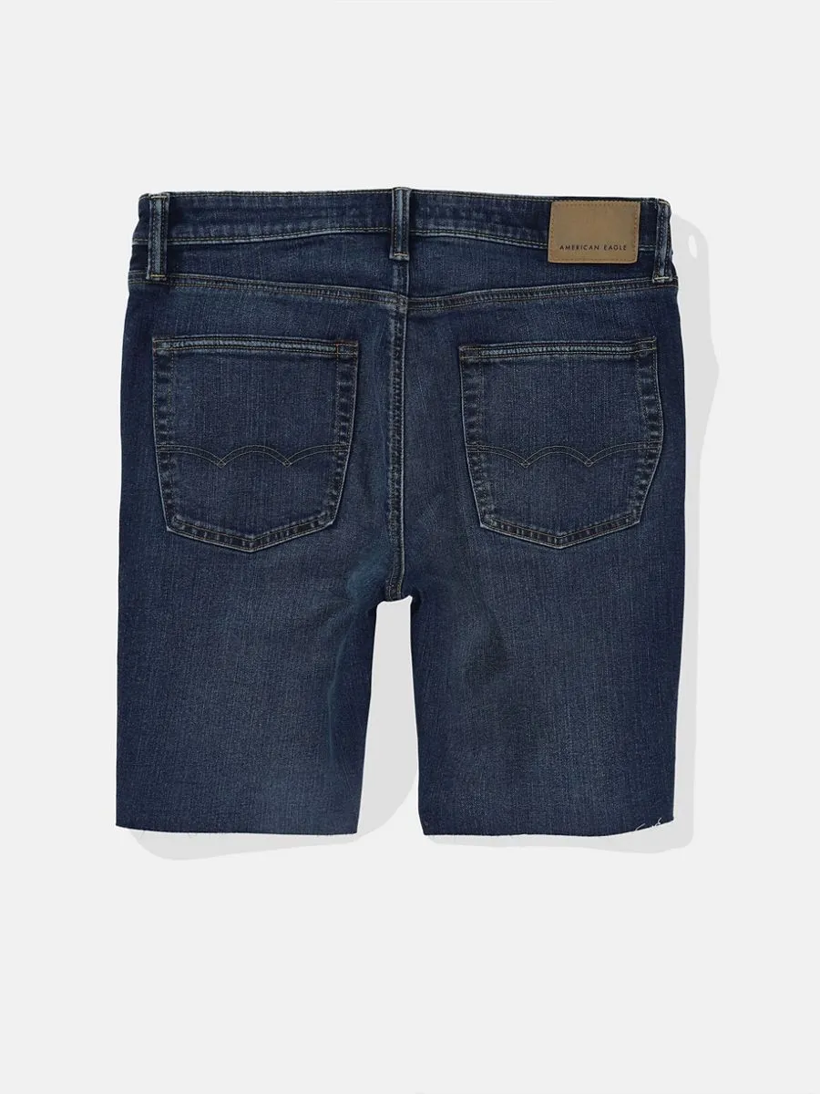 AMERICAN EAGLE MEN INTL EXCLUSIVE VPP DARK W/ BULLETHOLES DENIM CUTOFF SHORT - CUT & CUFF 896 DARK WASH