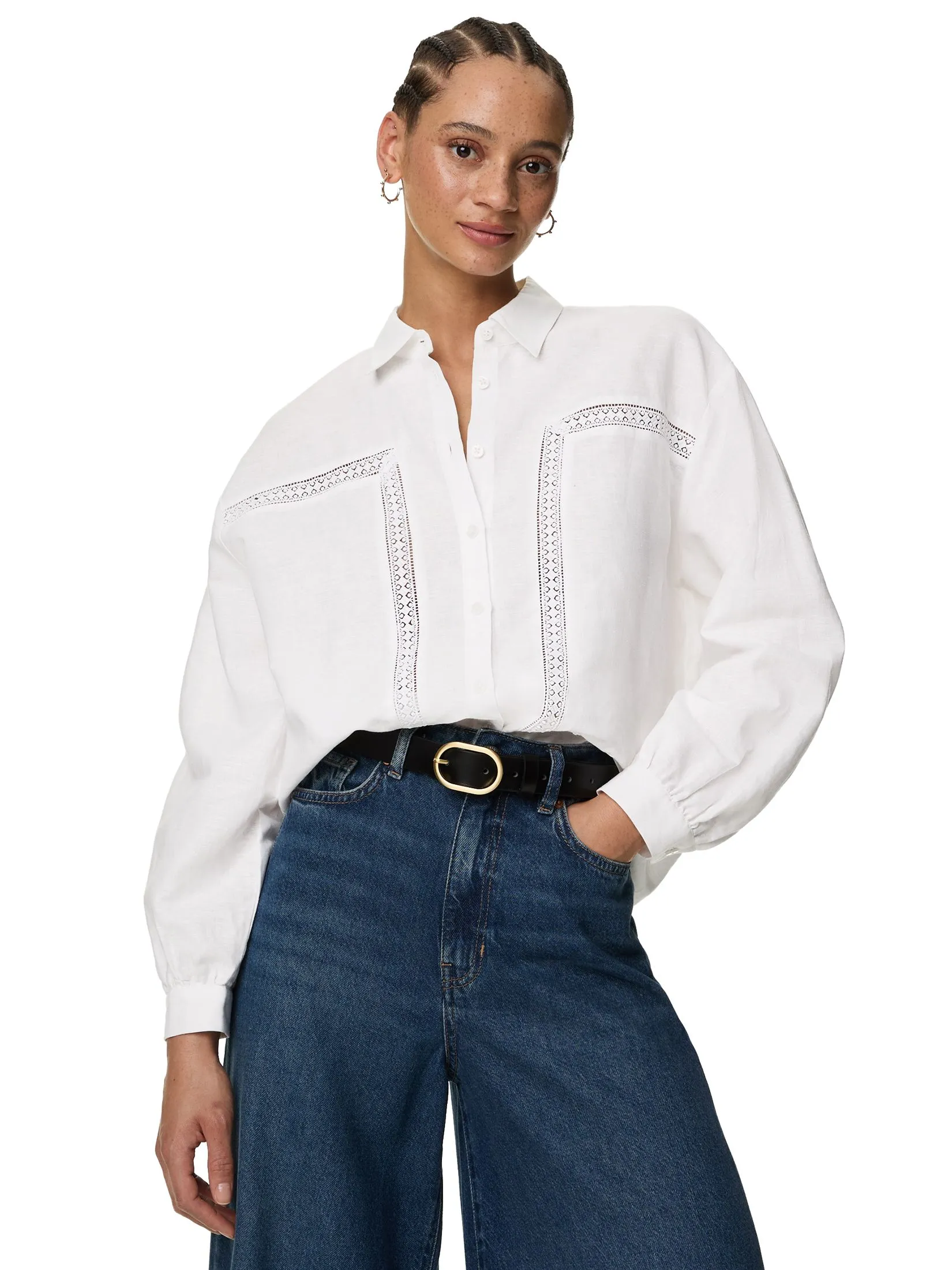 MARKS & SPENCER Women Shirt Linen Rich Collared Lace Insert Soft White