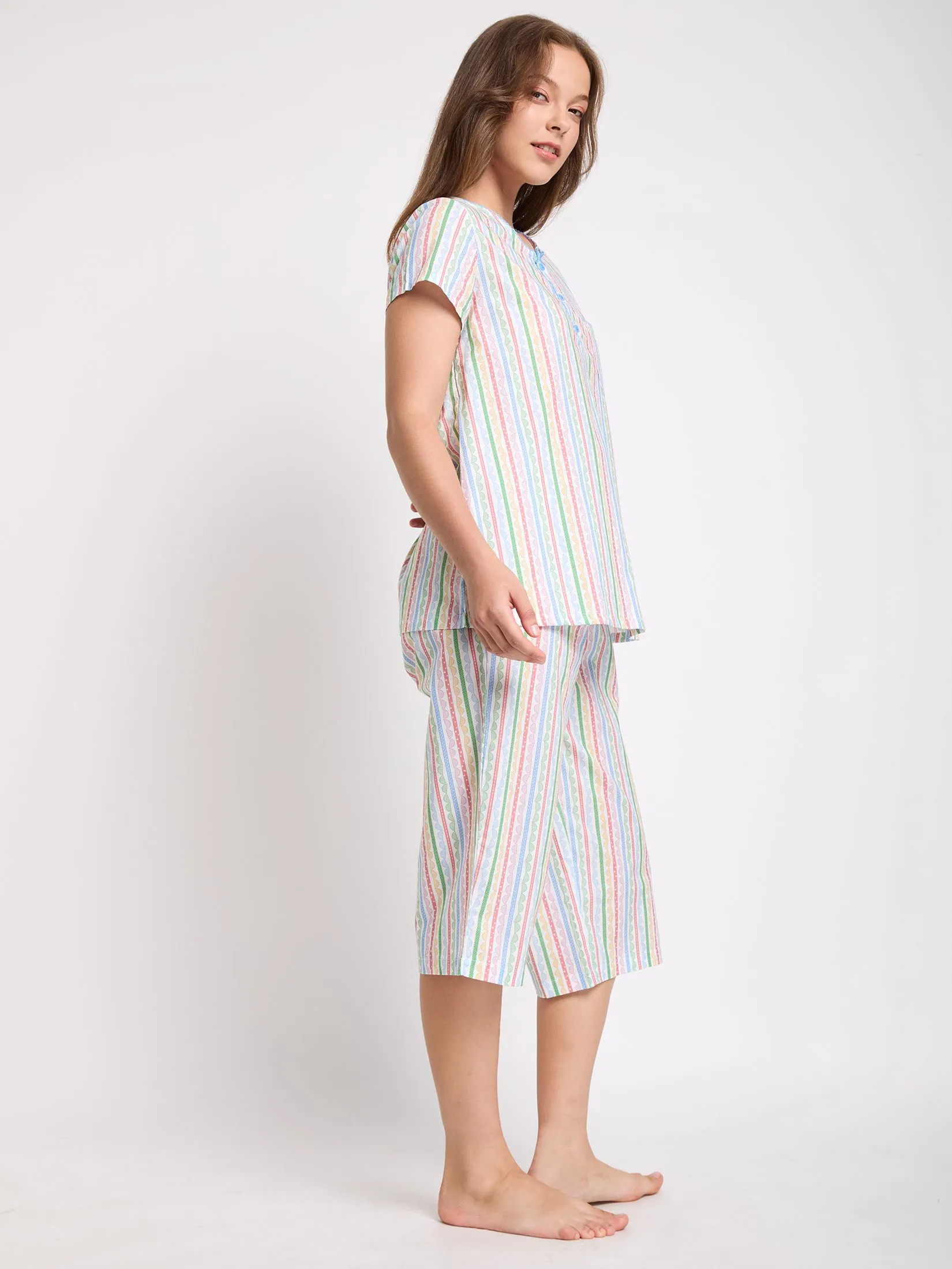 CLAUDIA'S ROMANCE Women Pyjamas Shirt Short Sleeves Crew Neck + 3/4 Pants Print Multi-color