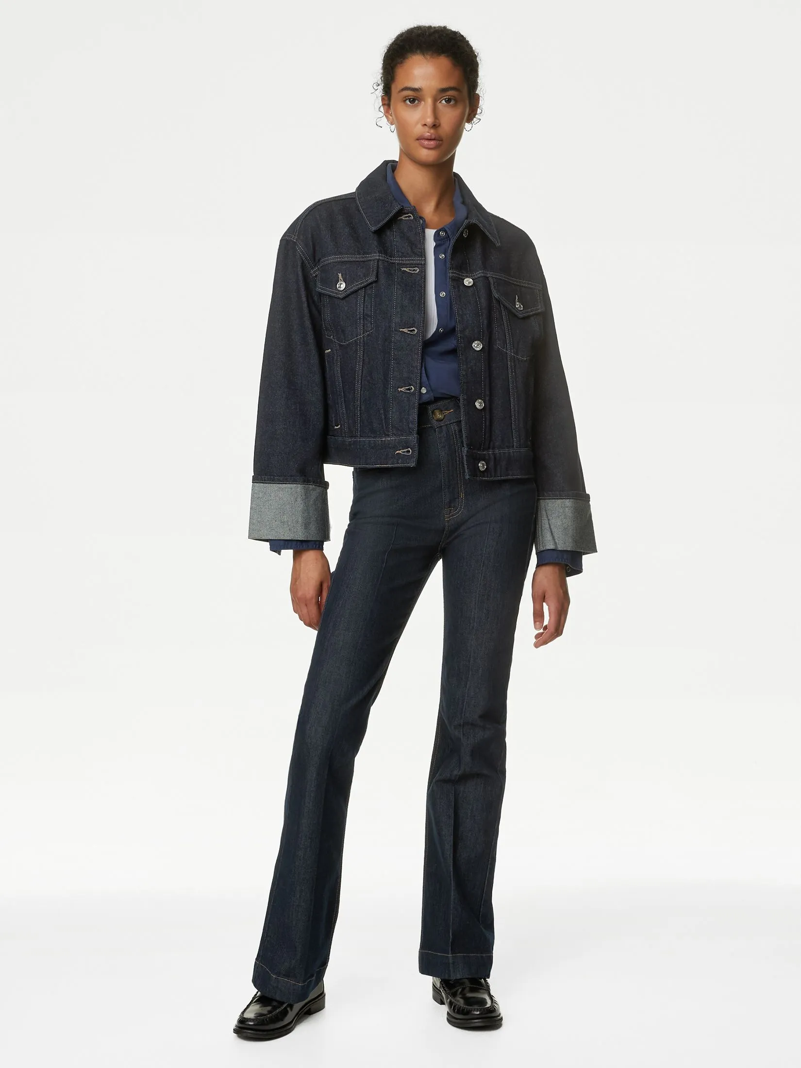 MARKS & SPENCER Women Jacket Denim Turn Up Cuff Dark Indigo