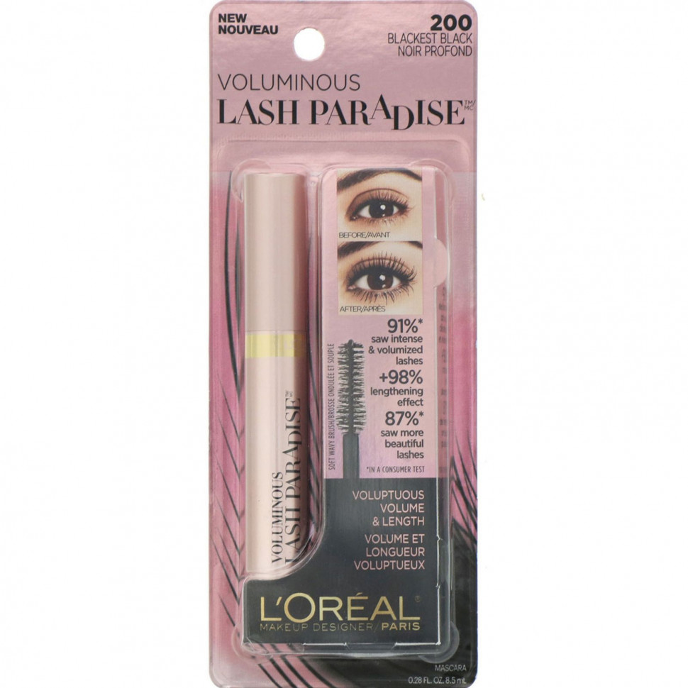 L'Oreal, Тушь для ресниц Voluminous Lash Paradise, угольно-черная 200, 8,5 мл