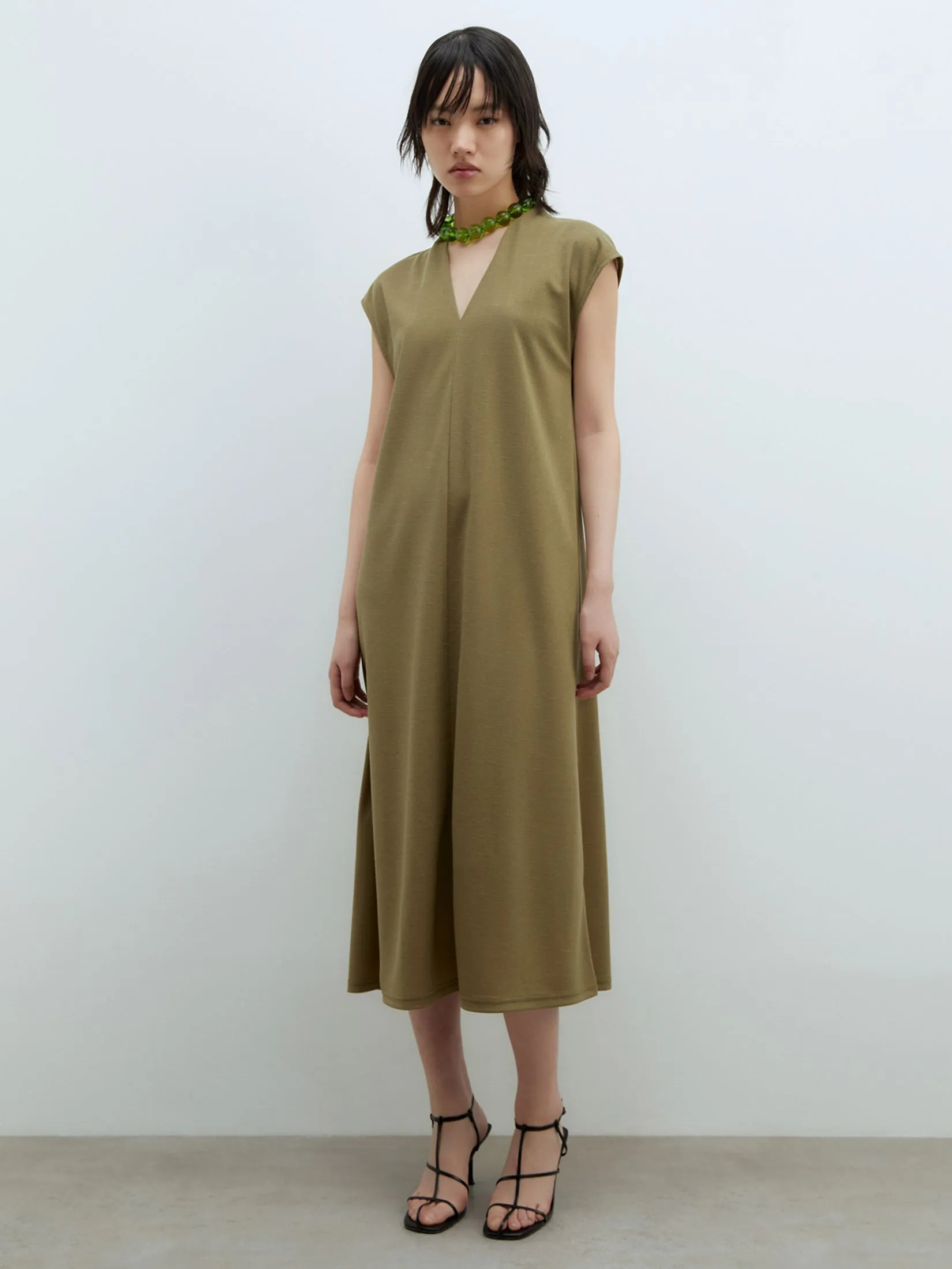 SFERA Women Midi Dress Basic Linen-Effect Khaki Green