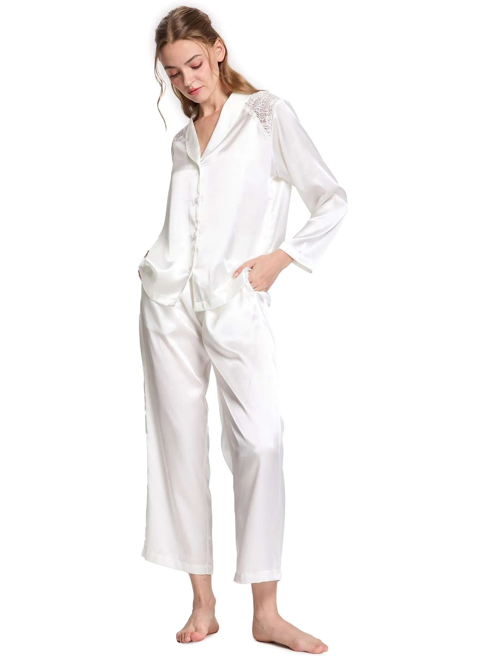 MARIA VICTORIA Women Pyjamas Shirt Long Sleeves + Pants Off White