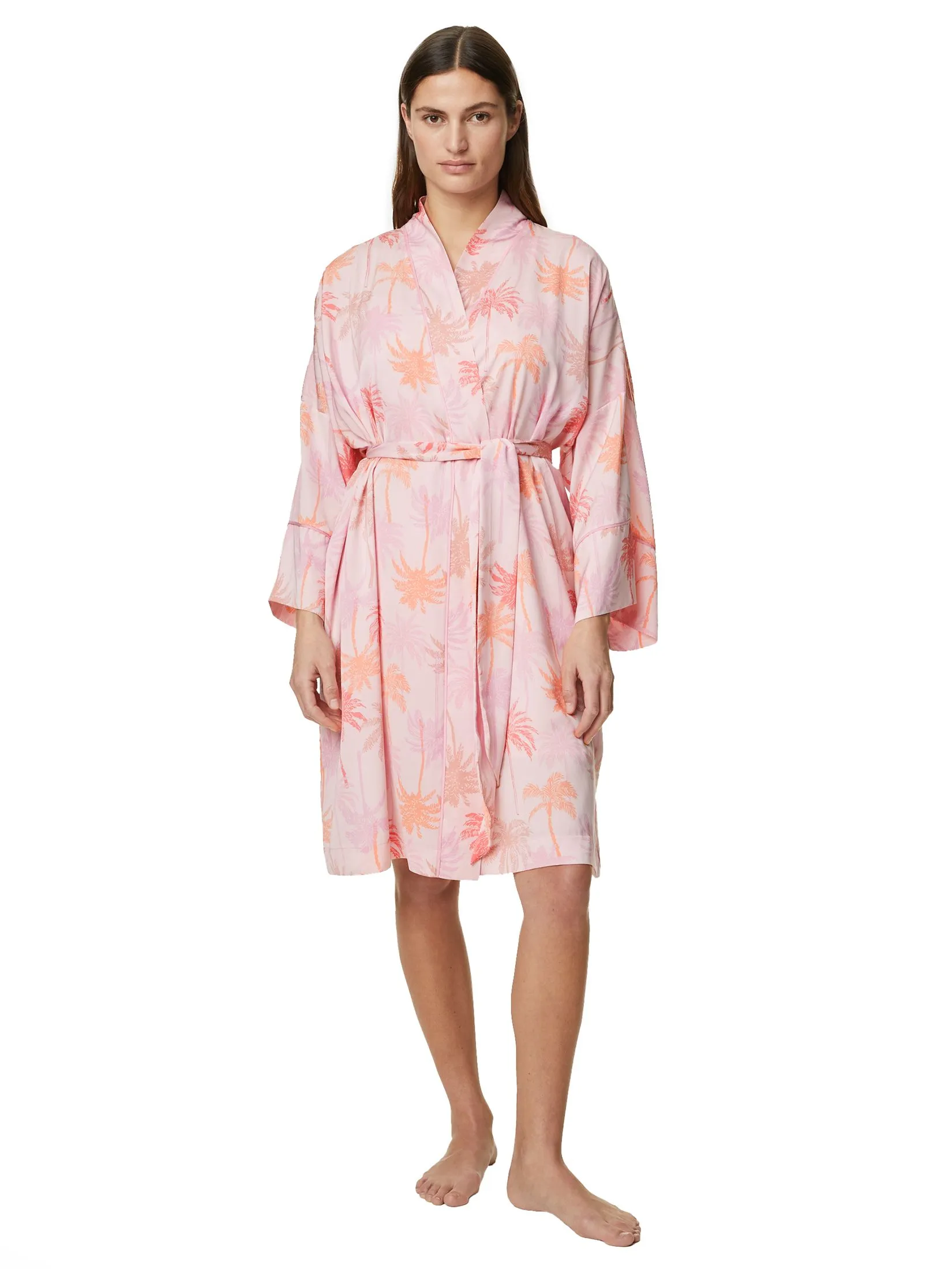 MARKS & SPENCER Women Robes Dream Satin Printed Kimono Wrap Pink Size - S