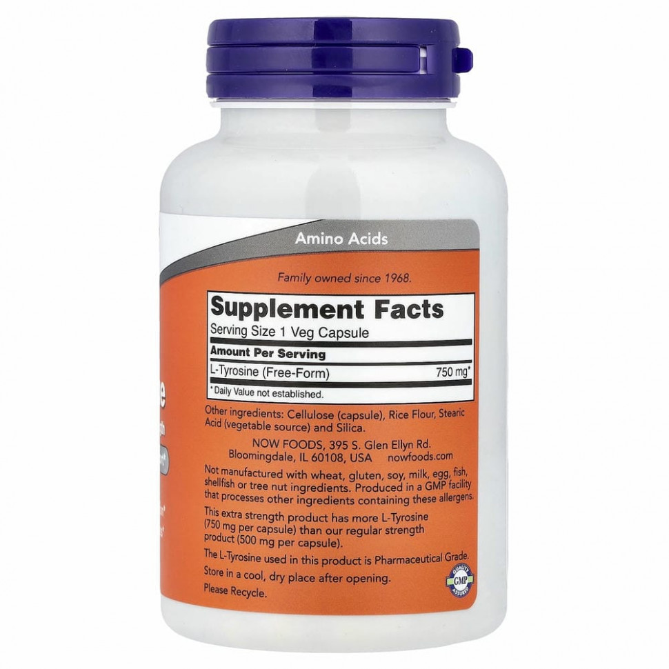 NOW Foods, L-тирозин, с повышенной силой действия, 750 мг, 90 растительных капсул