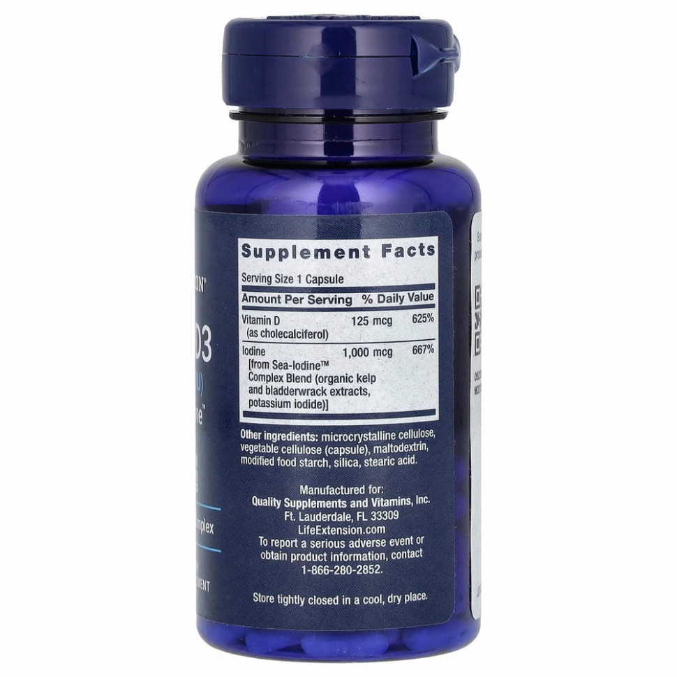 Life Extension, витамин D3 с Sea-Iodine, 125 мкг (5000 МЕ), 60 капсул