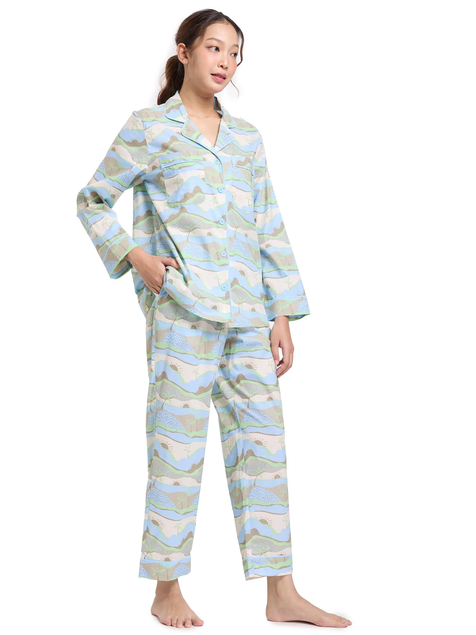 CLAUDIA'S ROMANCE Women Pyjamas Shirt Long Sleeves + Pants Blue