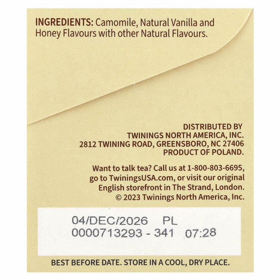 Twinings, травяной чай, ромашка, мед и ваниль, без кофеина, 20 чайных пакетиков в индивидуальной упаковке, 32 г (1,13 унции)