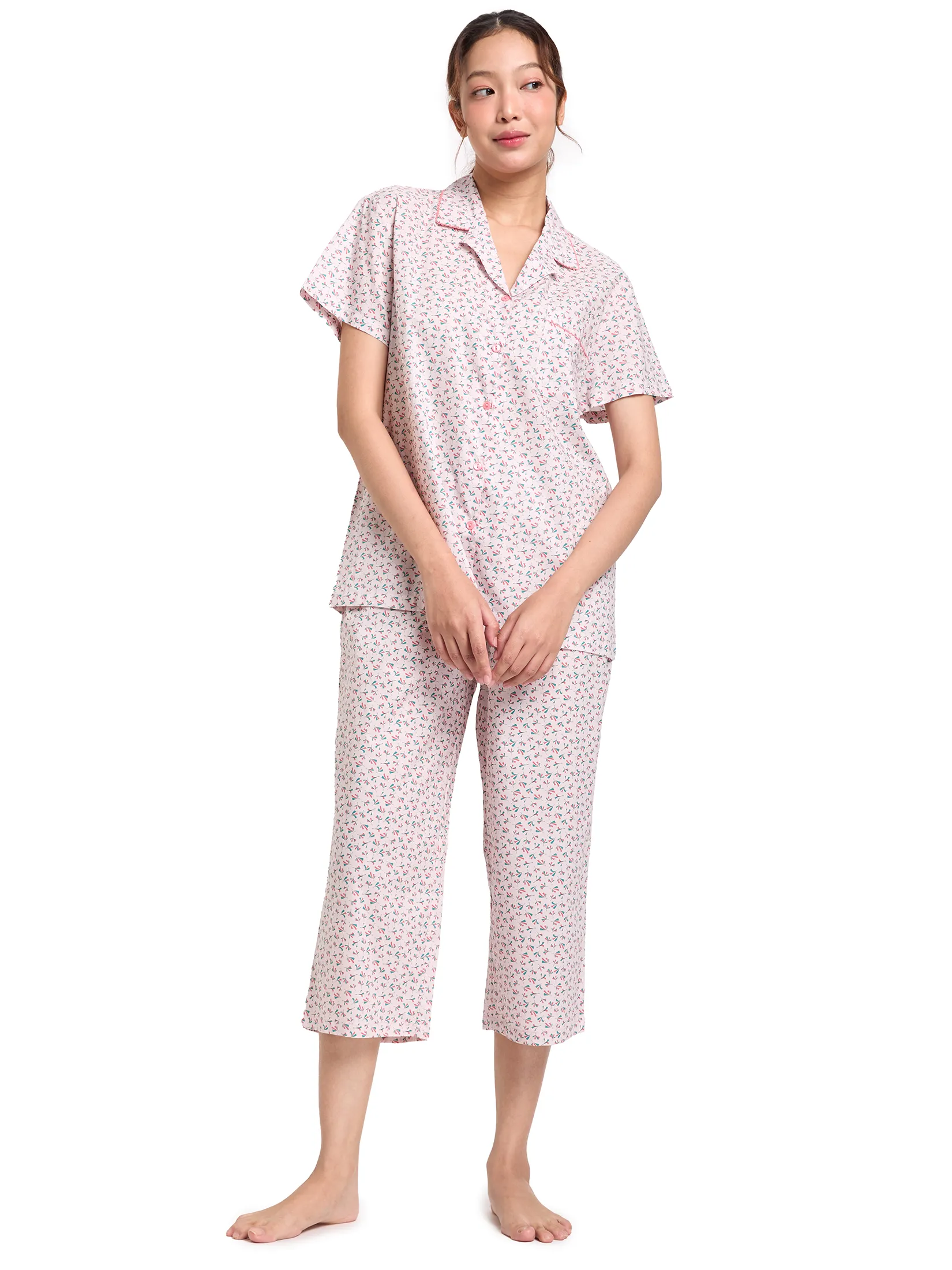 CLAUDIA'S ROMANCE Women Pyjamas Hawaii Shirt Short Sleeves + Cropped Pants Pink