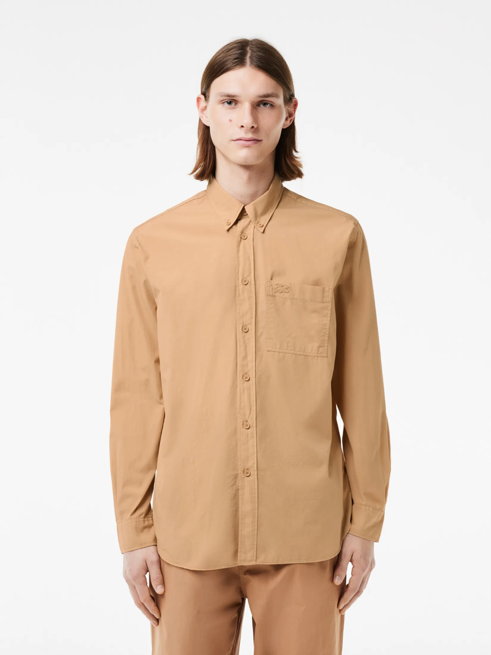 LACOSTE Relaxed Fit Washed Effect Poplin Shirt Beige
