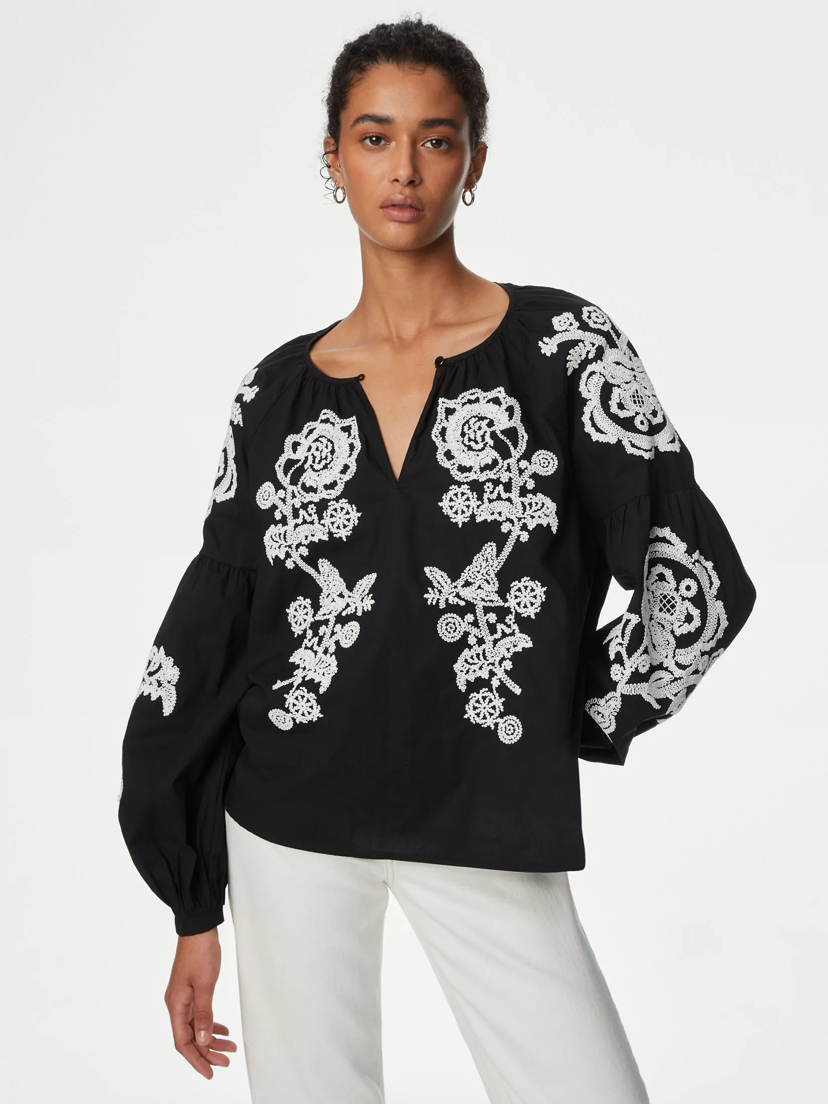 MARKS & SPENCER Women Blouse Pure Cotton Embroidered Puff Sleeve Black