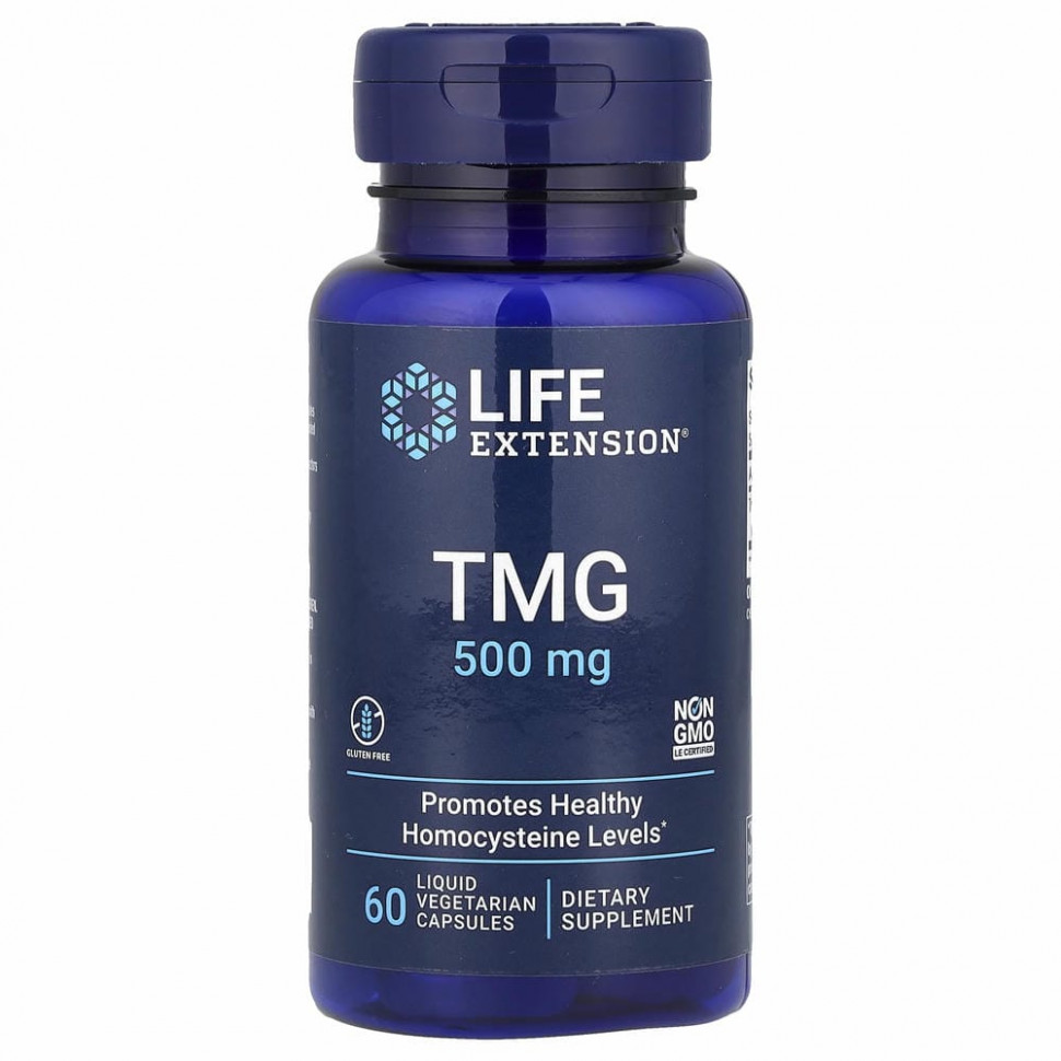 Life Extension, TMG, триметилглицин, 500 мг, 60 вегетарианских капсул с жидкостью