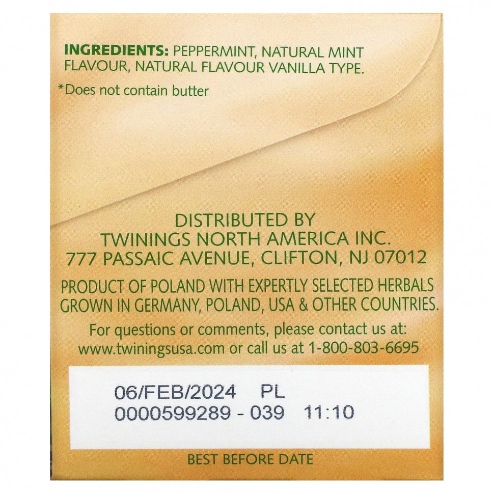 Twinings, Buttermint, травяной чай из мяты перечной, без кофеина, 20 чайных пакетиков в индивидуальной упаковке, 40 г (1,41 унции)