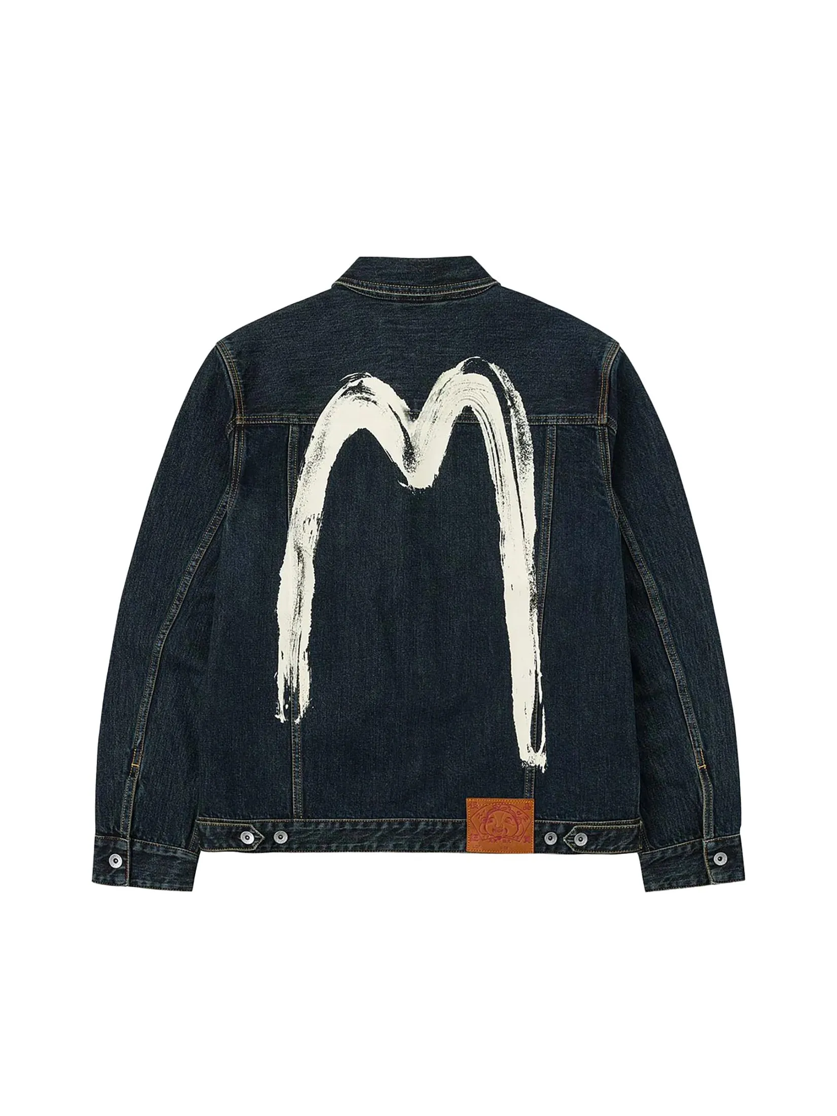 EVISU Men Denim Jacket Washed Brushstroke Daicock Print Regular Fit Indigo