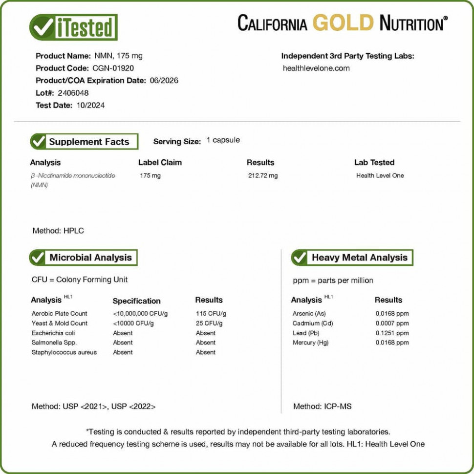 California Gold Nutrition, NMN (никотинамид мононуклеотид), 175 мг, 60 растительных капсул