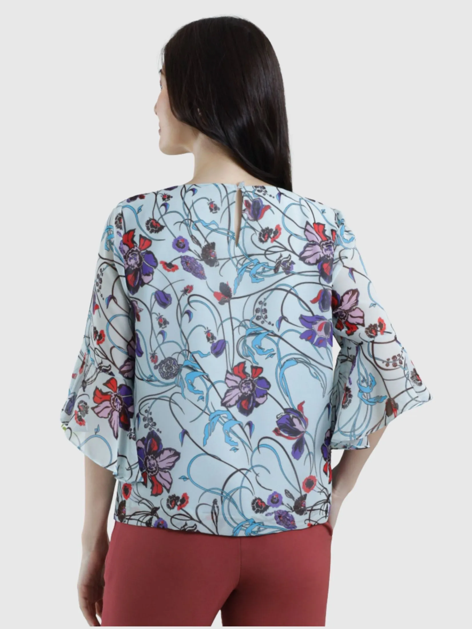 MIKIKO Women Blouse Long Sleeves Chiffon Print Blue